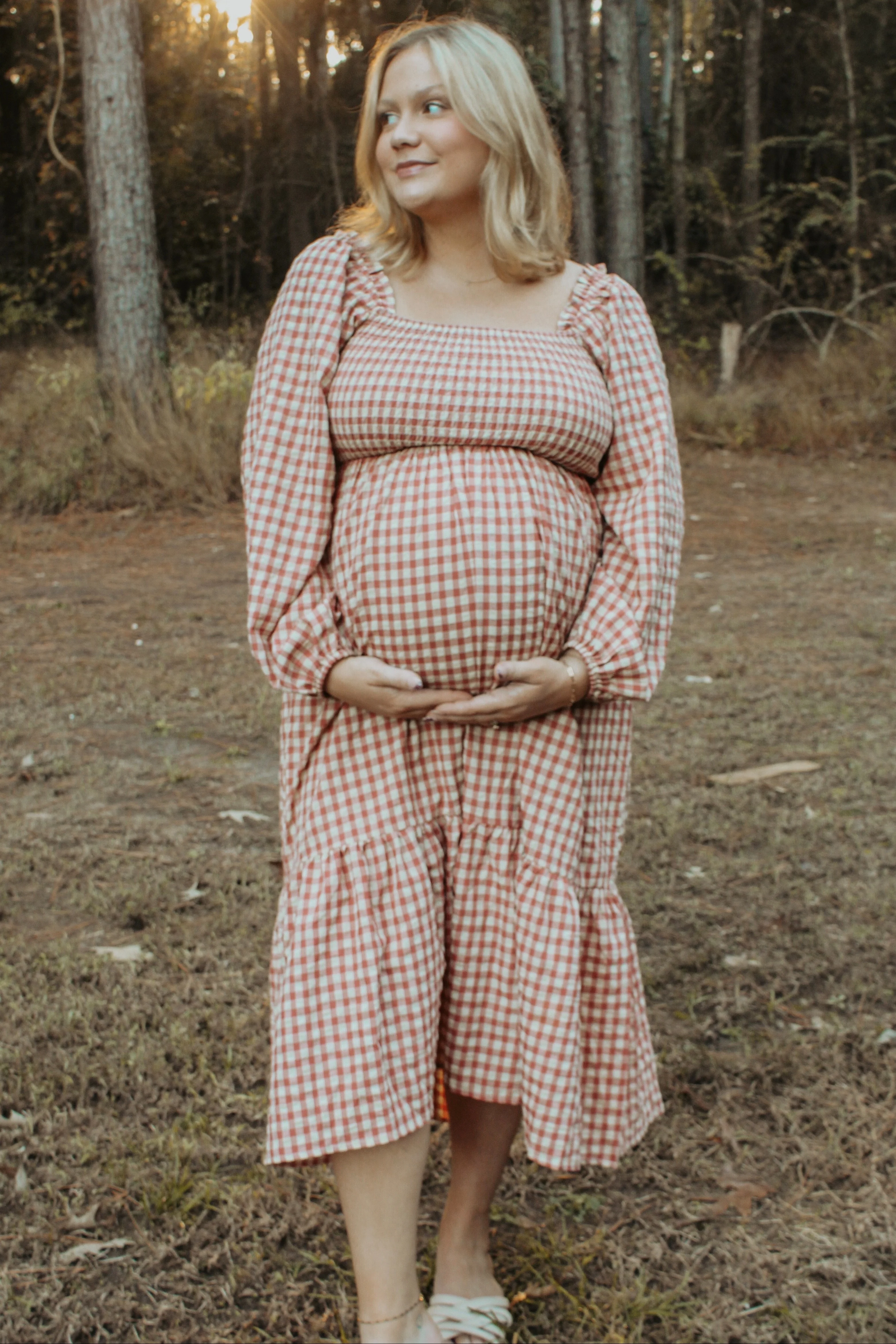 Rust Gingham Long Sleeve Maternity Midi Dress - Image 8