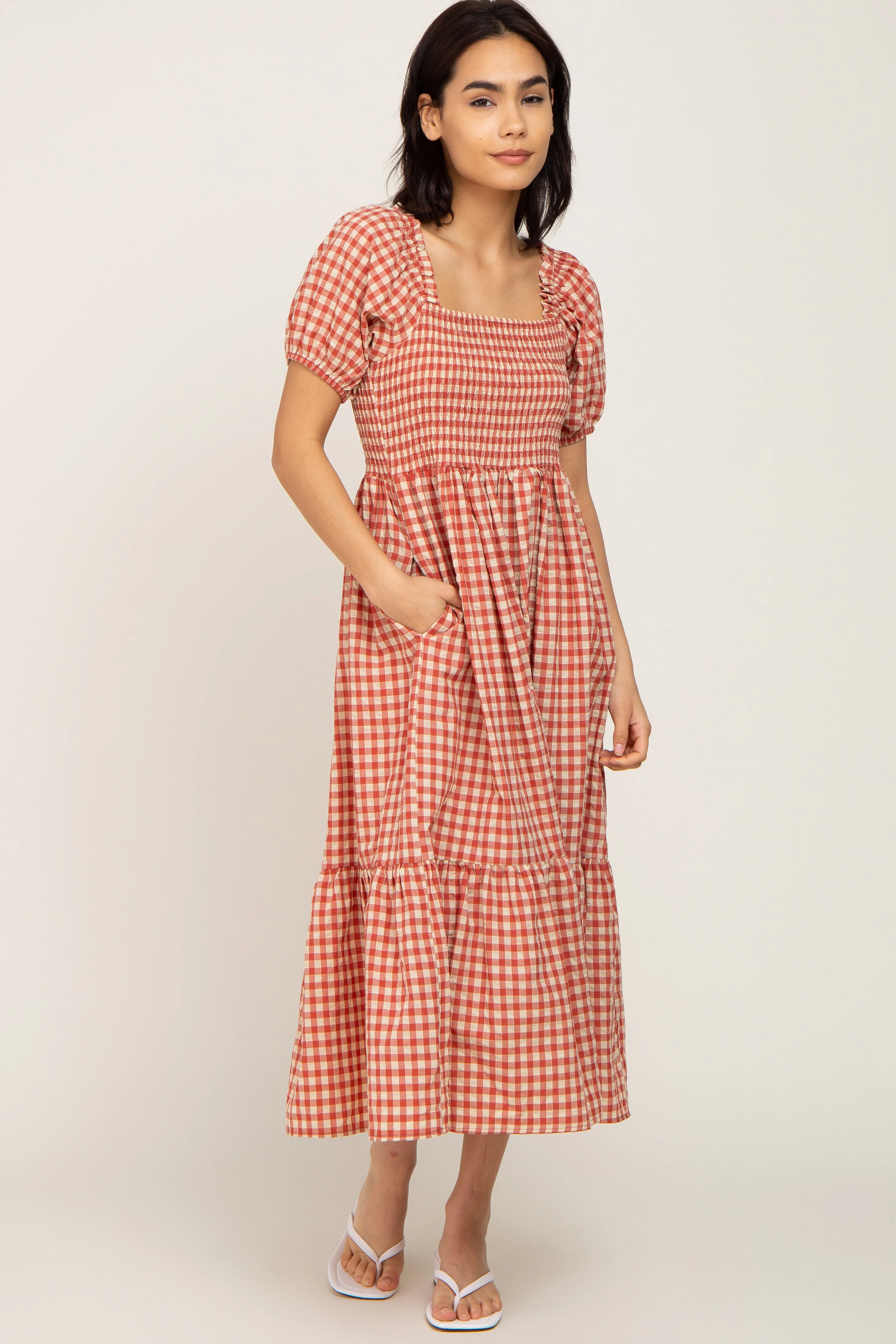 Rust Gingham Smocked Midi Dress - Image 5