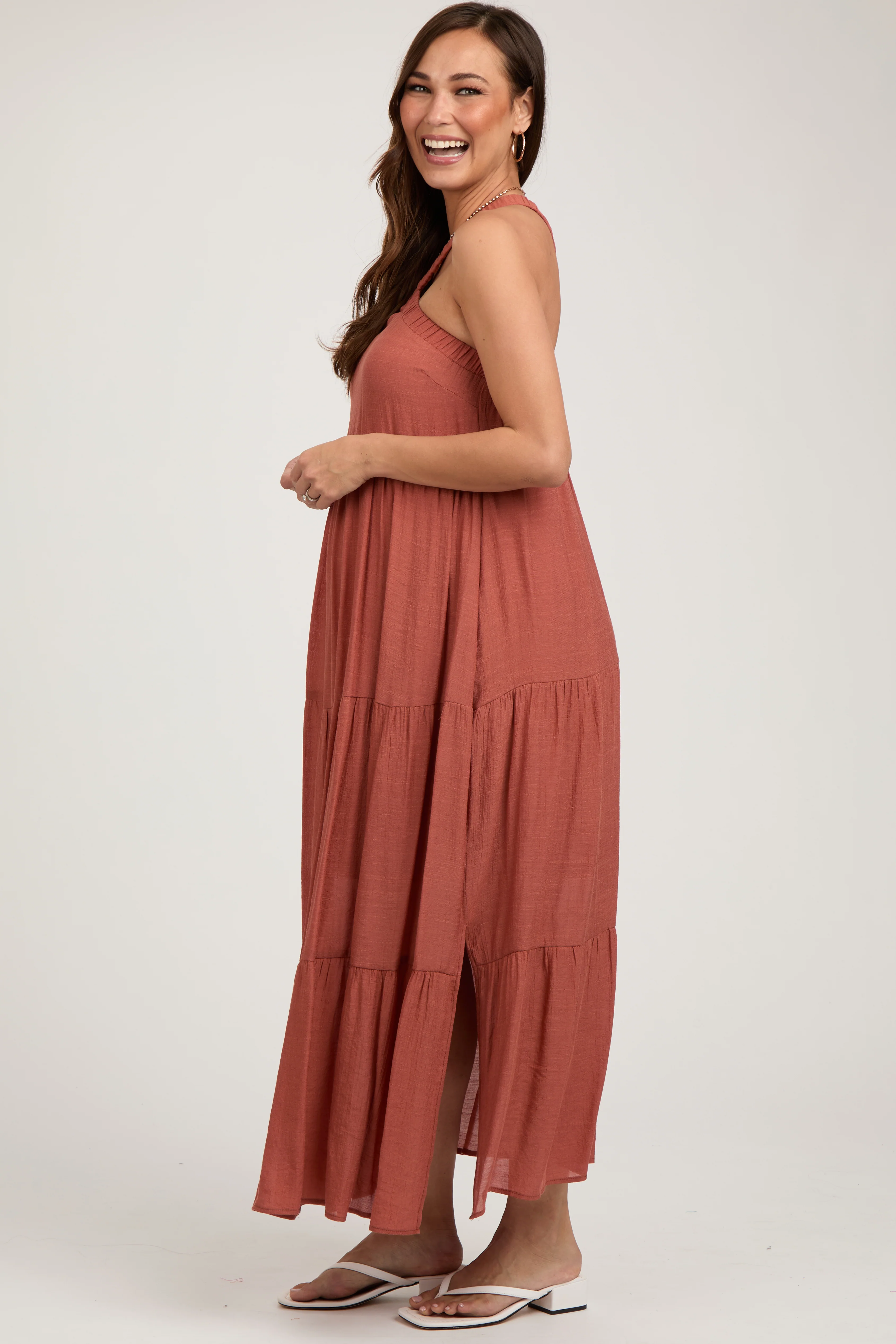 Rust Halter Tiered Maternity Maxi Dress - Image 3