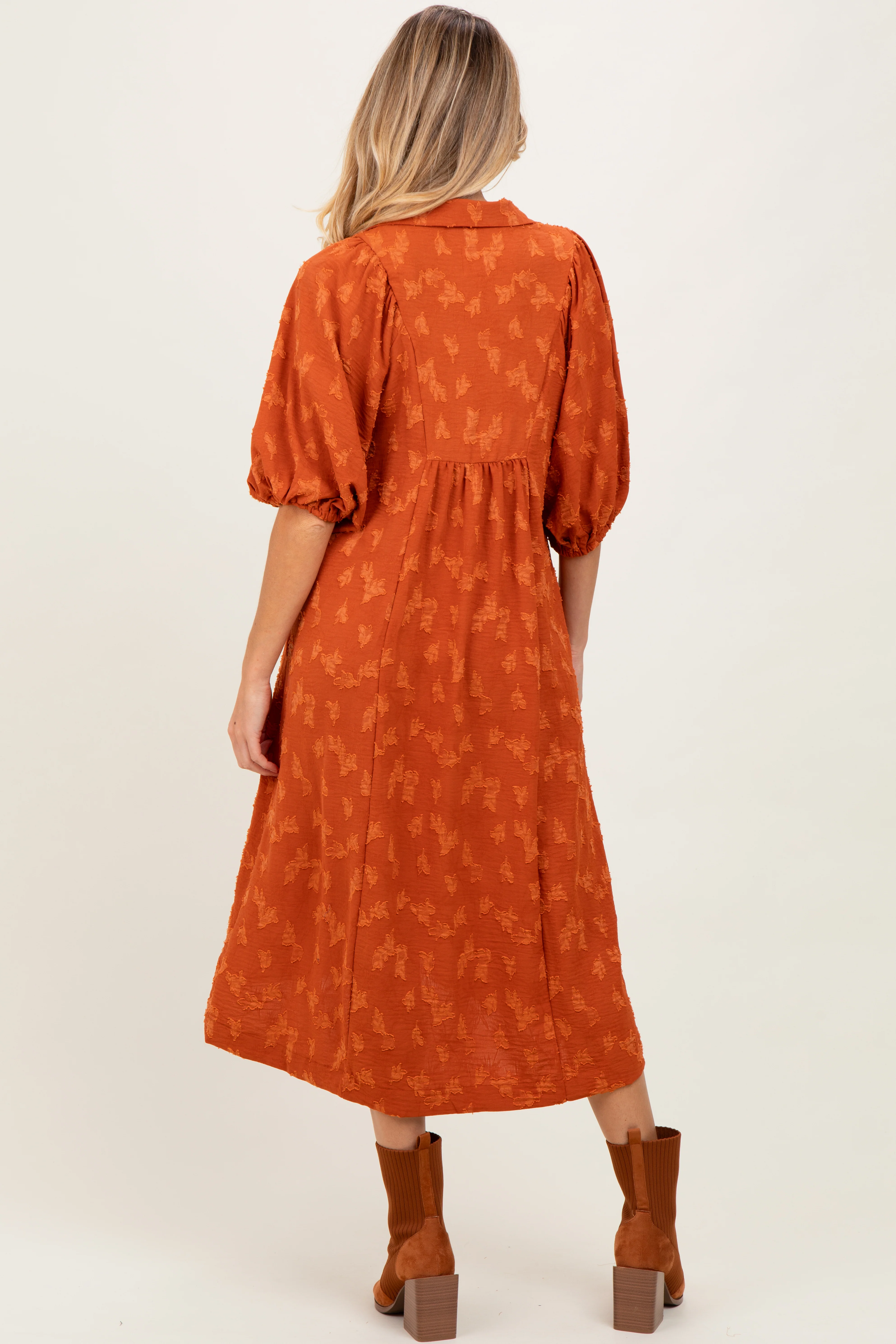 Rust Jacquard Texture V-Neck Maternity Midi Dress - Image 3