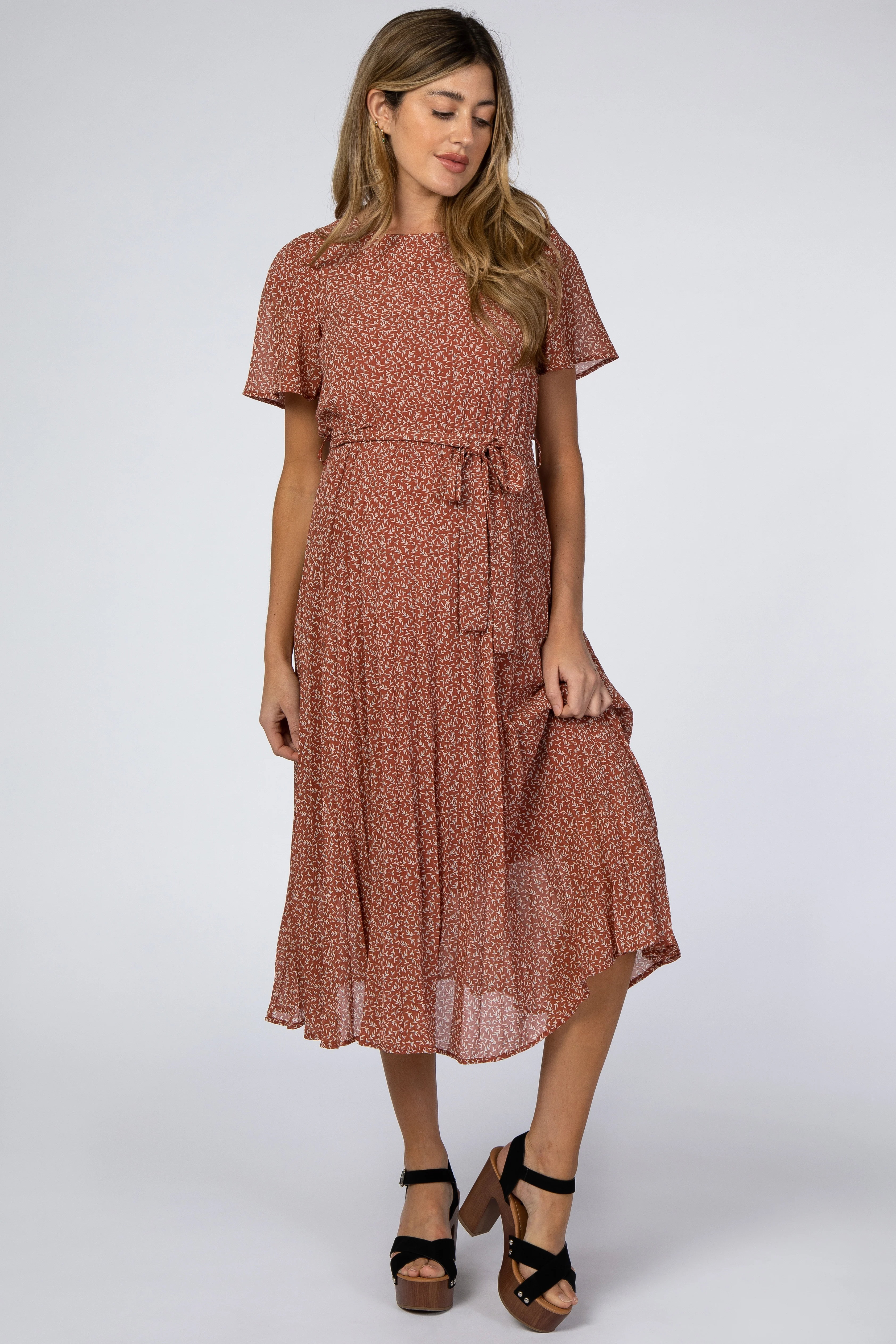 Rust Leaf Print Pleated Maternity Midi Dress