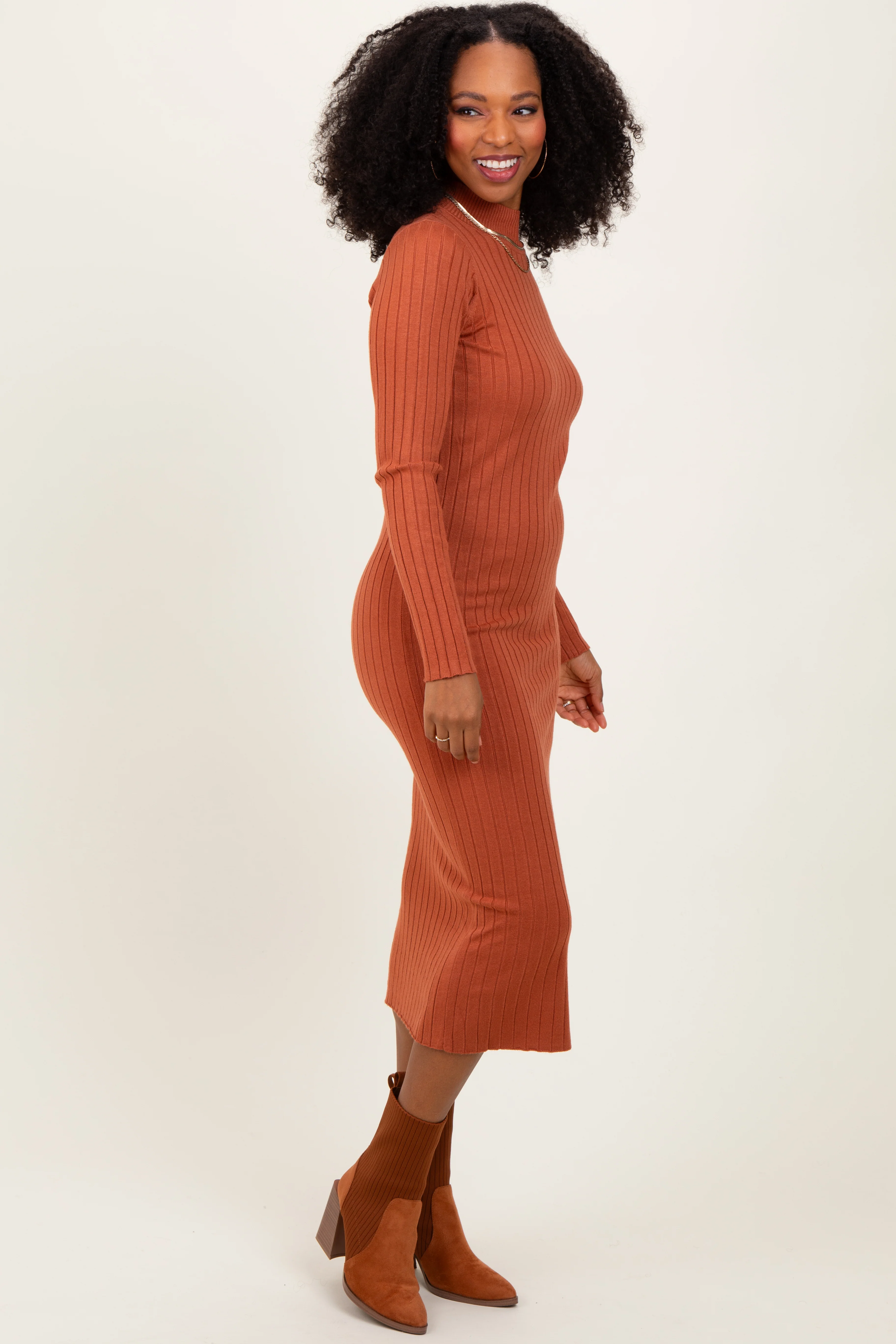 Rust Mock Neck Ribbed Sweater Dress - Image 3
