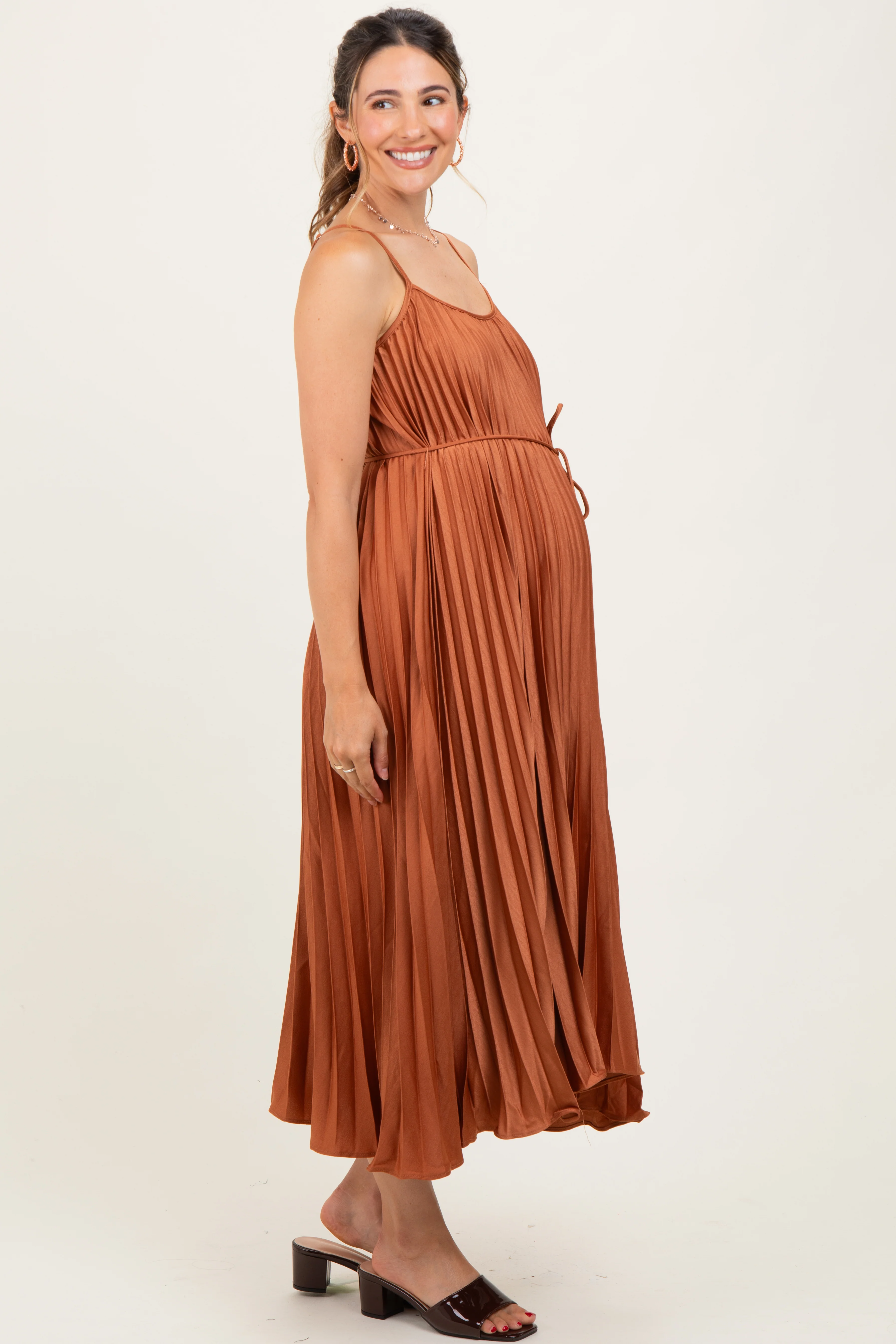 Rust Pleated Sash Tie Maternity Midi Dress - Image 3
