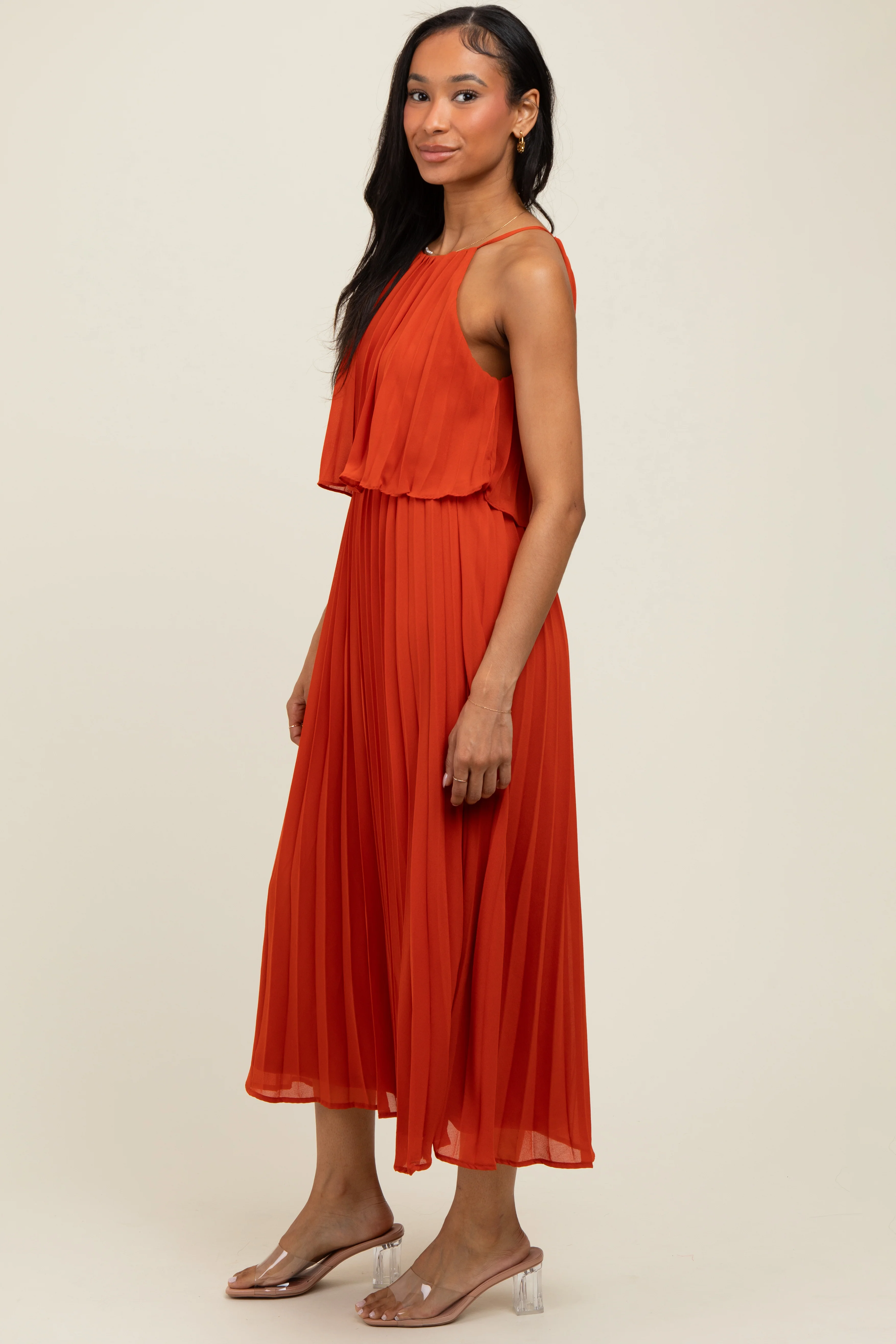 Rust Pleated Woven Midi Dress - Image 3