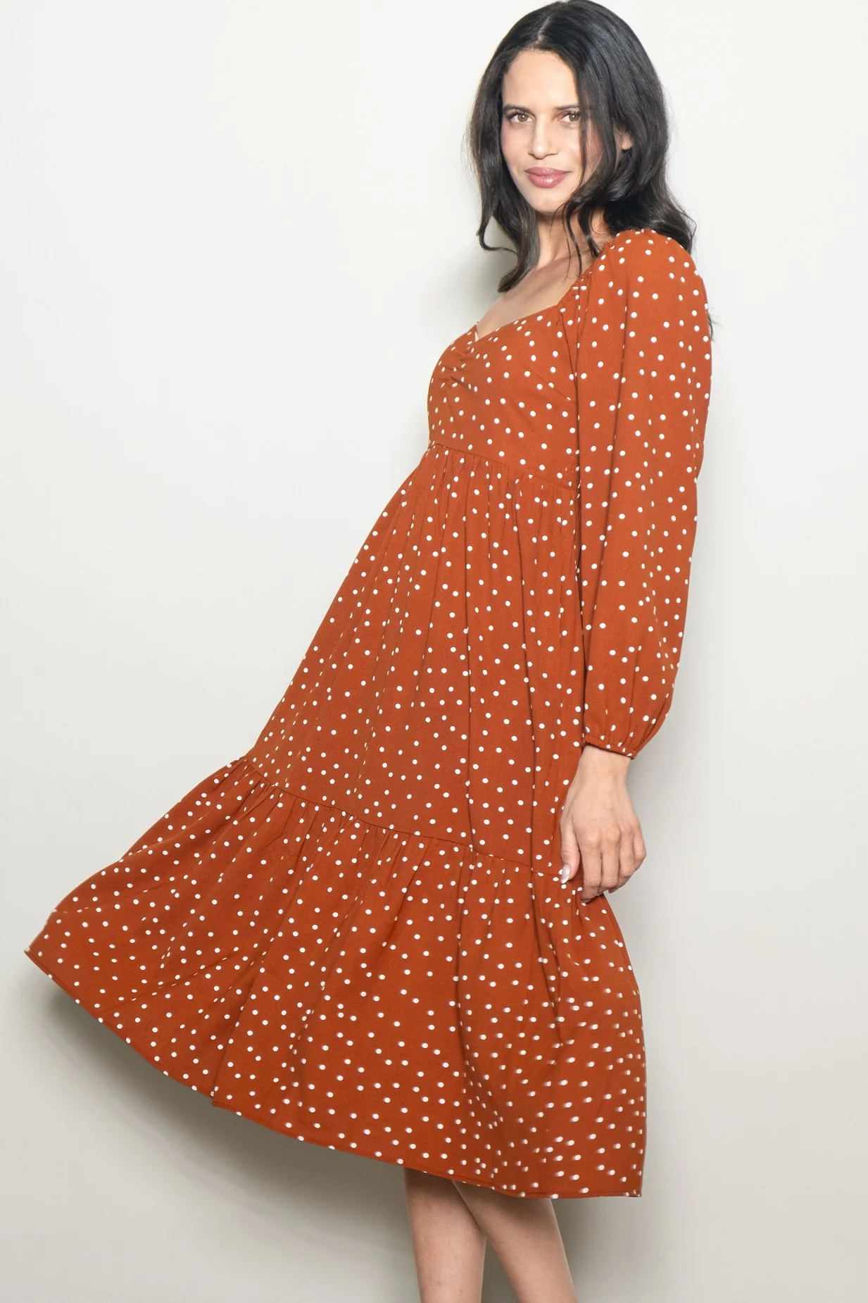 Rust Polka Dots Sweetheart Neck Midi Dress - Image 3
