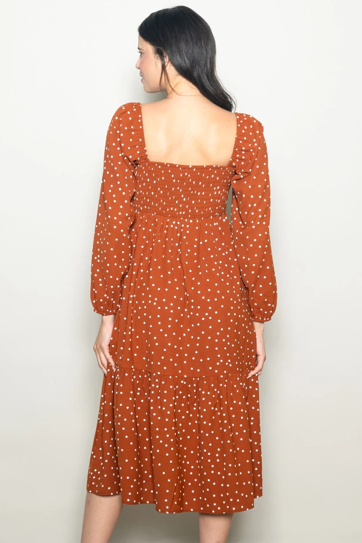 Rust Polka Dots Sweetheart Neck Midi Dress - Image 4