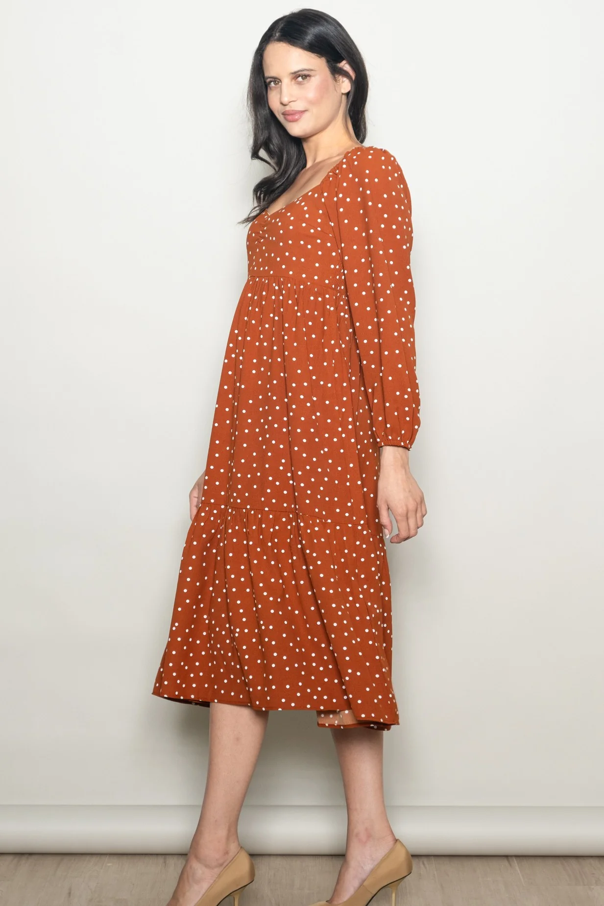 Rust Polka Dots Sweetheart Neck Midi Dress - Image 5