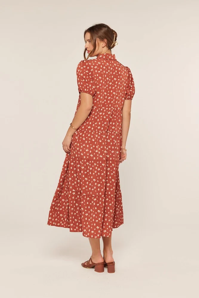 Rust Printed Button Up Tiered Midi Dress - Image 4