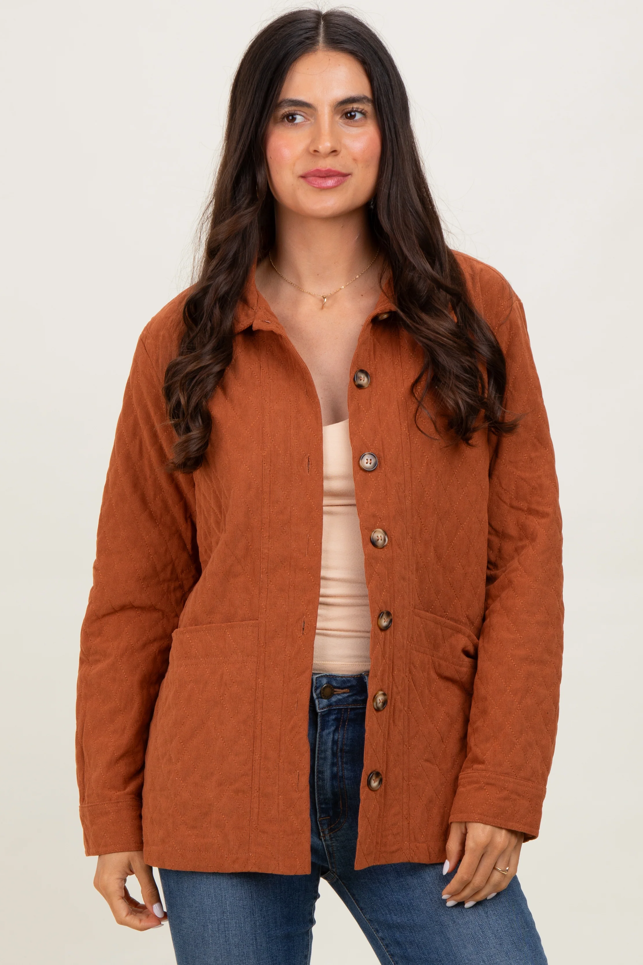 Rust Quilted Button Maternity Jacket - Image 5