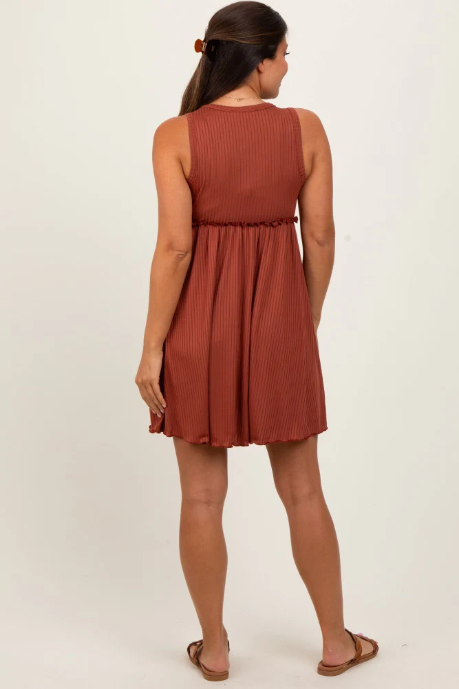 Rust Ribbed Sleeveless Lettuce Trim Maternity Mini Dress - Image 4