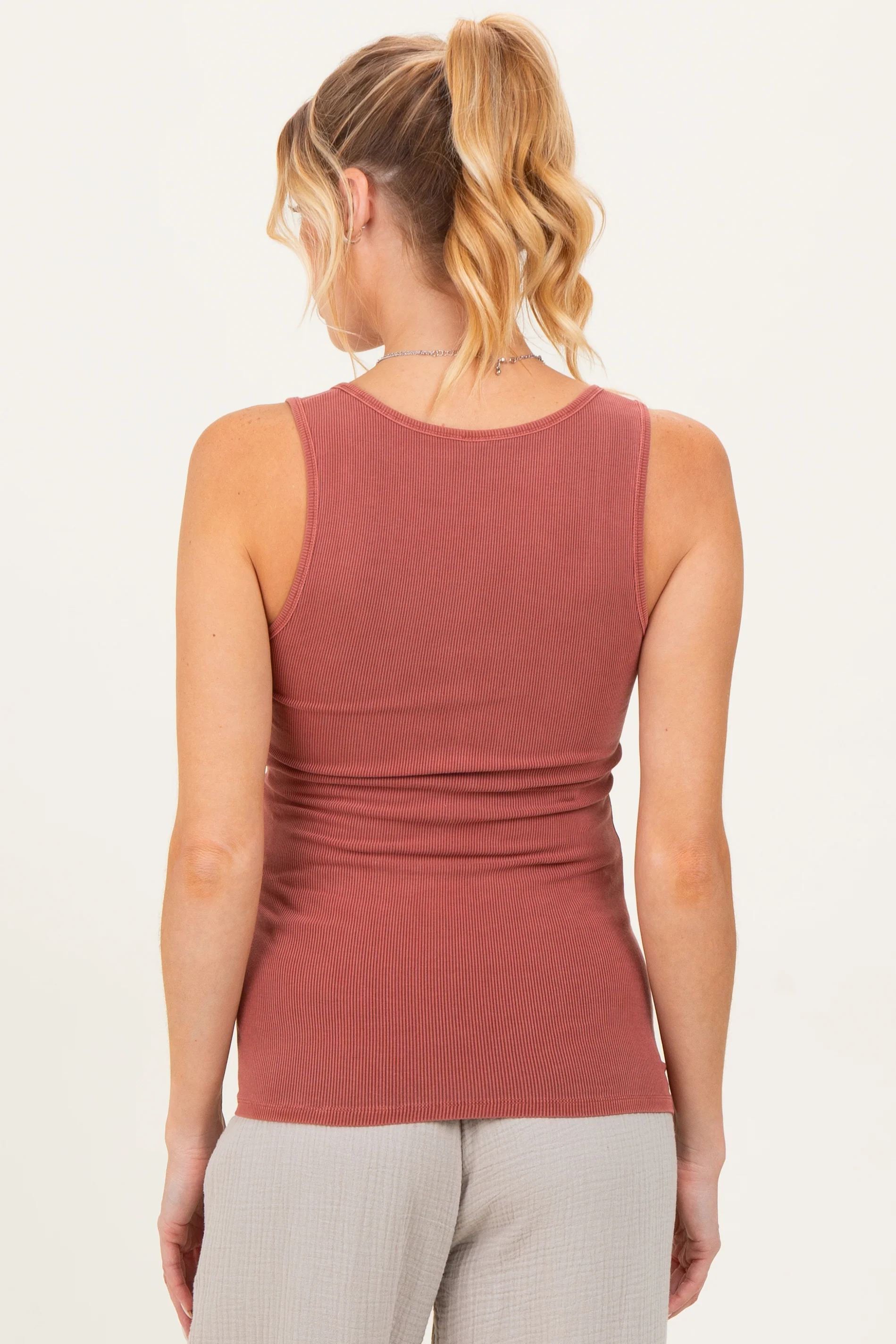 Rust Ribbed Split Neck Maternity Tank Top - Image 4