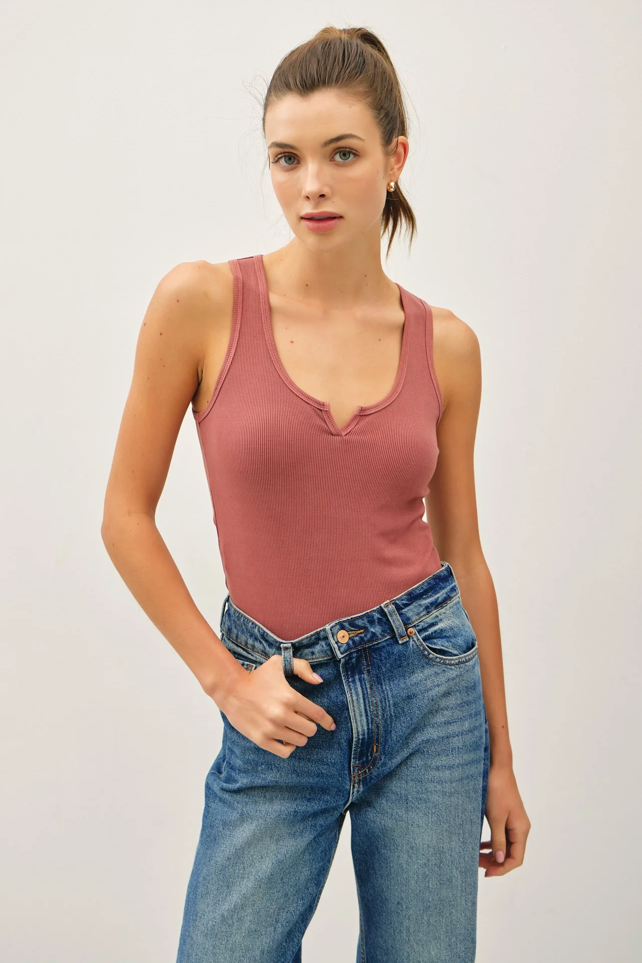 Rust Ribbed Split Neck Maternity Tank Top - Image 5