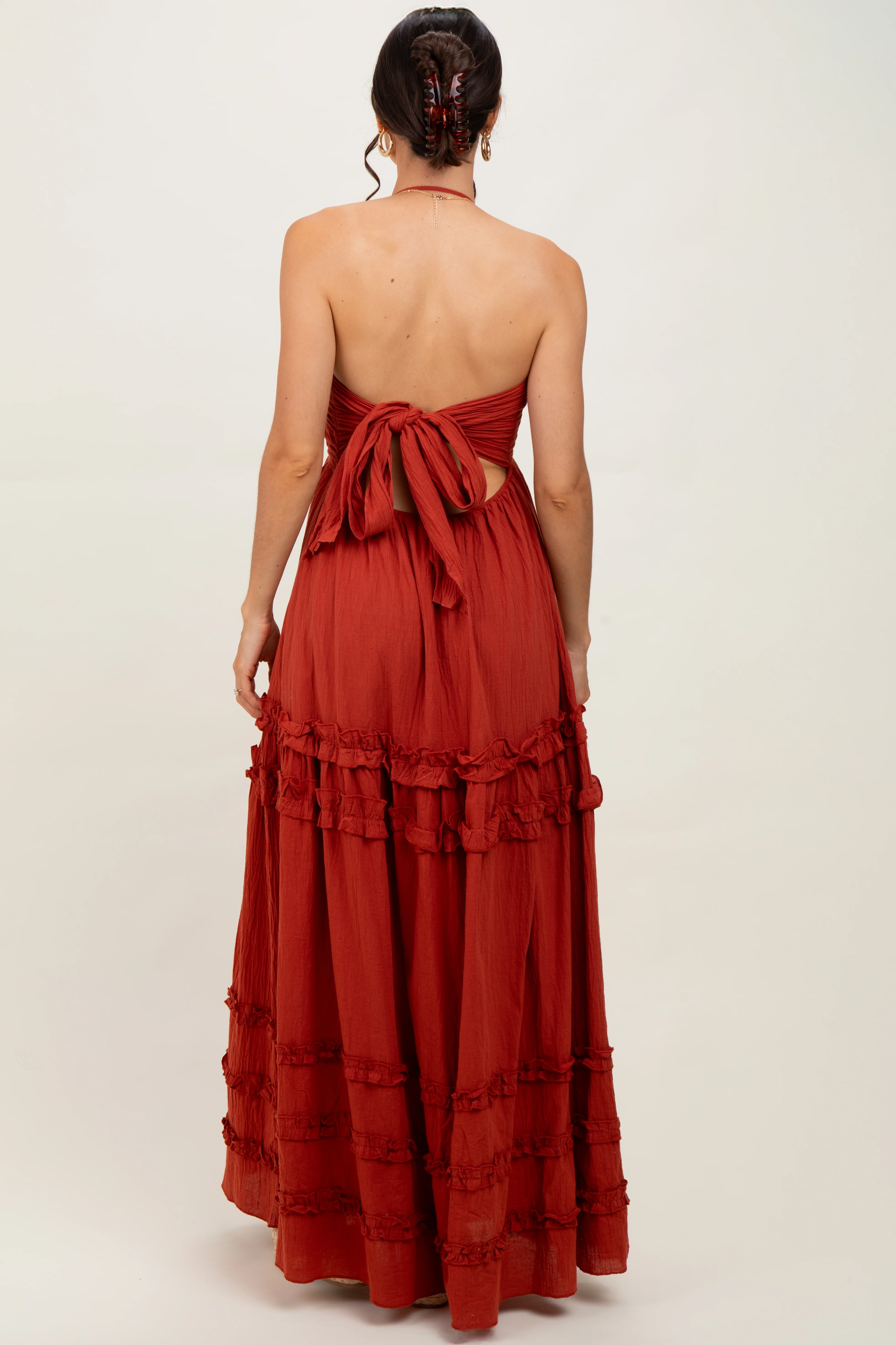 Rust Ruffle Ruched Deep V-Neck Maxi Dress - Image 4