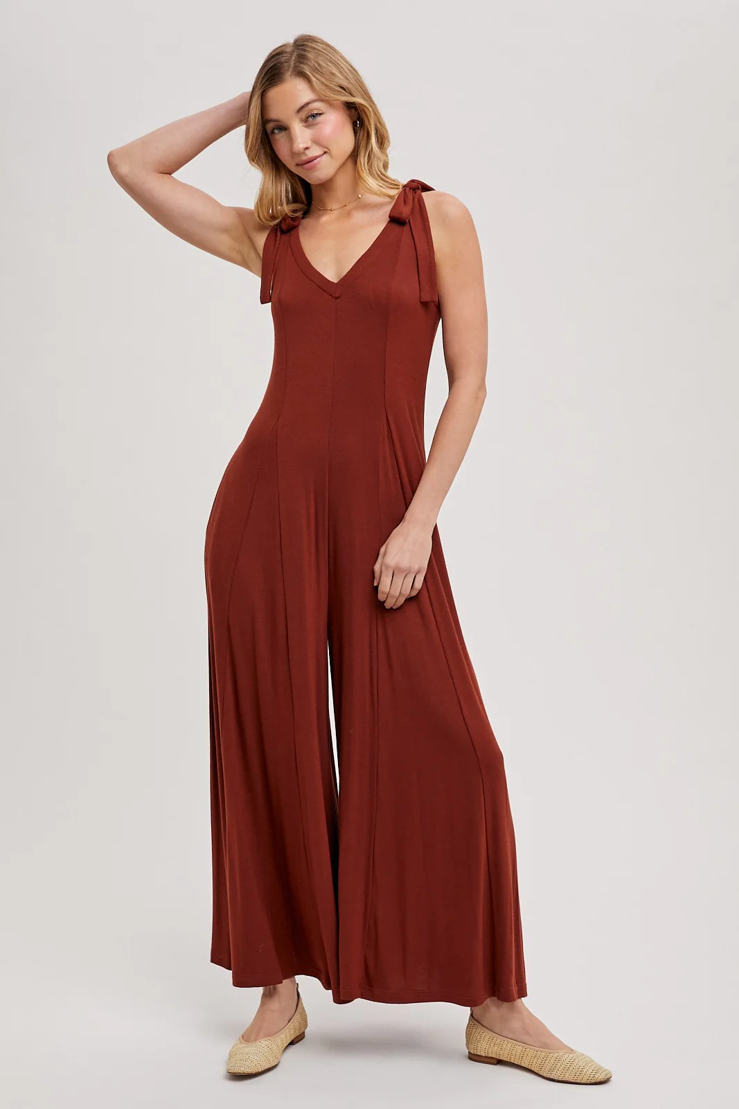 Rust Shoulder Tie Wide Leg Jumpsuit - Image 3