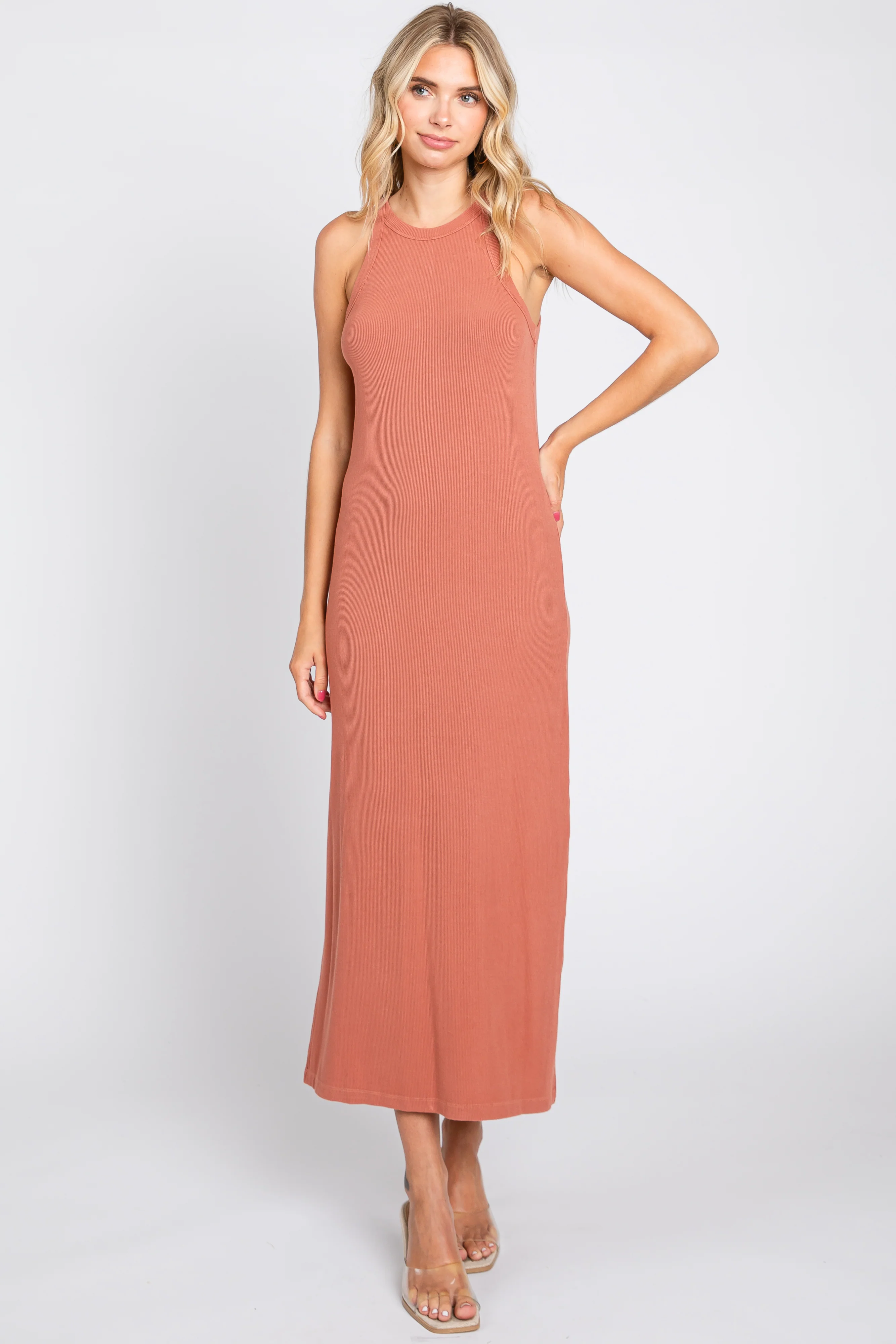Rust Sleeveless Ribbed Side Slit Maternity Maxi Dress - Image 5