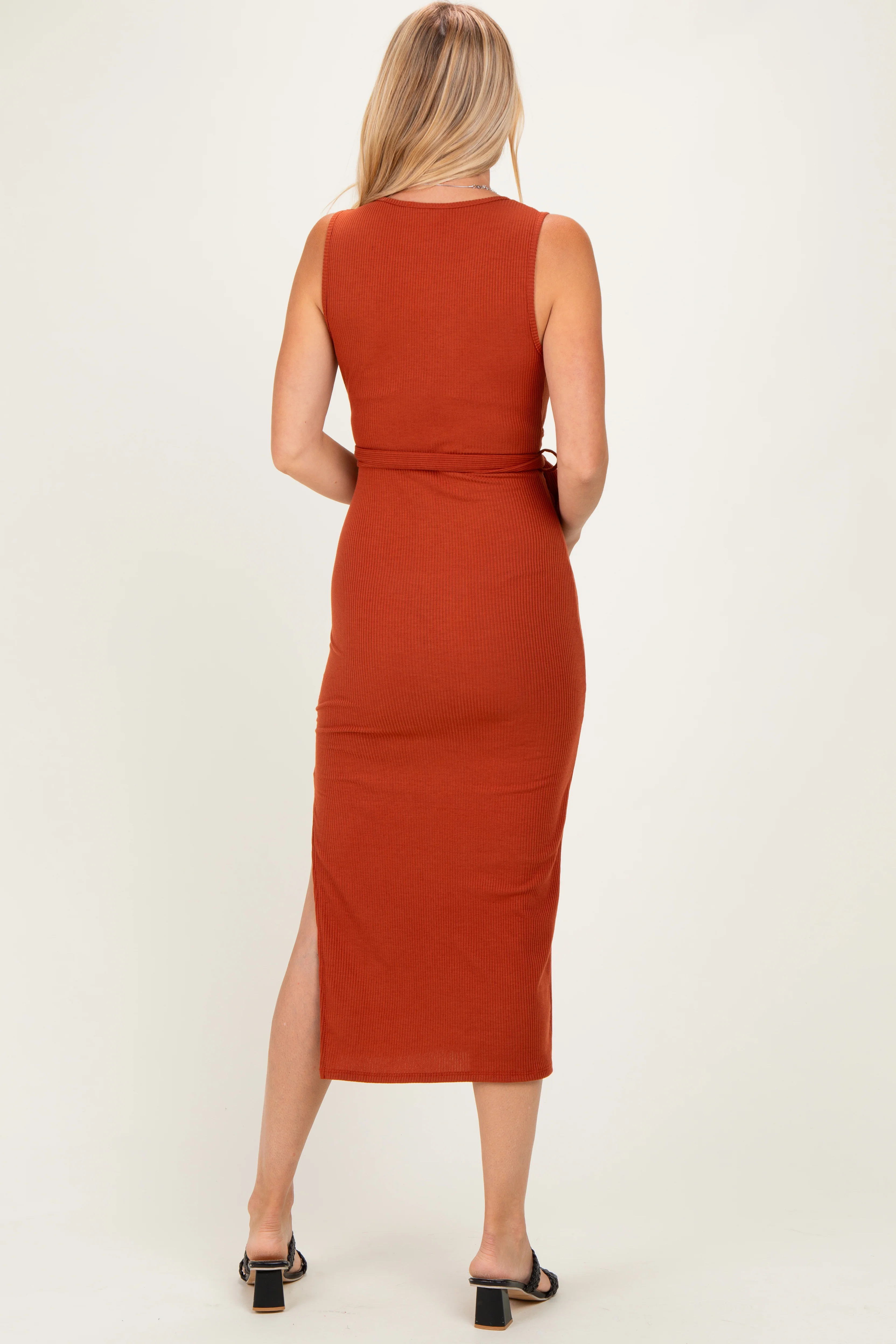 Rust Sleeveless Wrap Midi Dress - Image 3