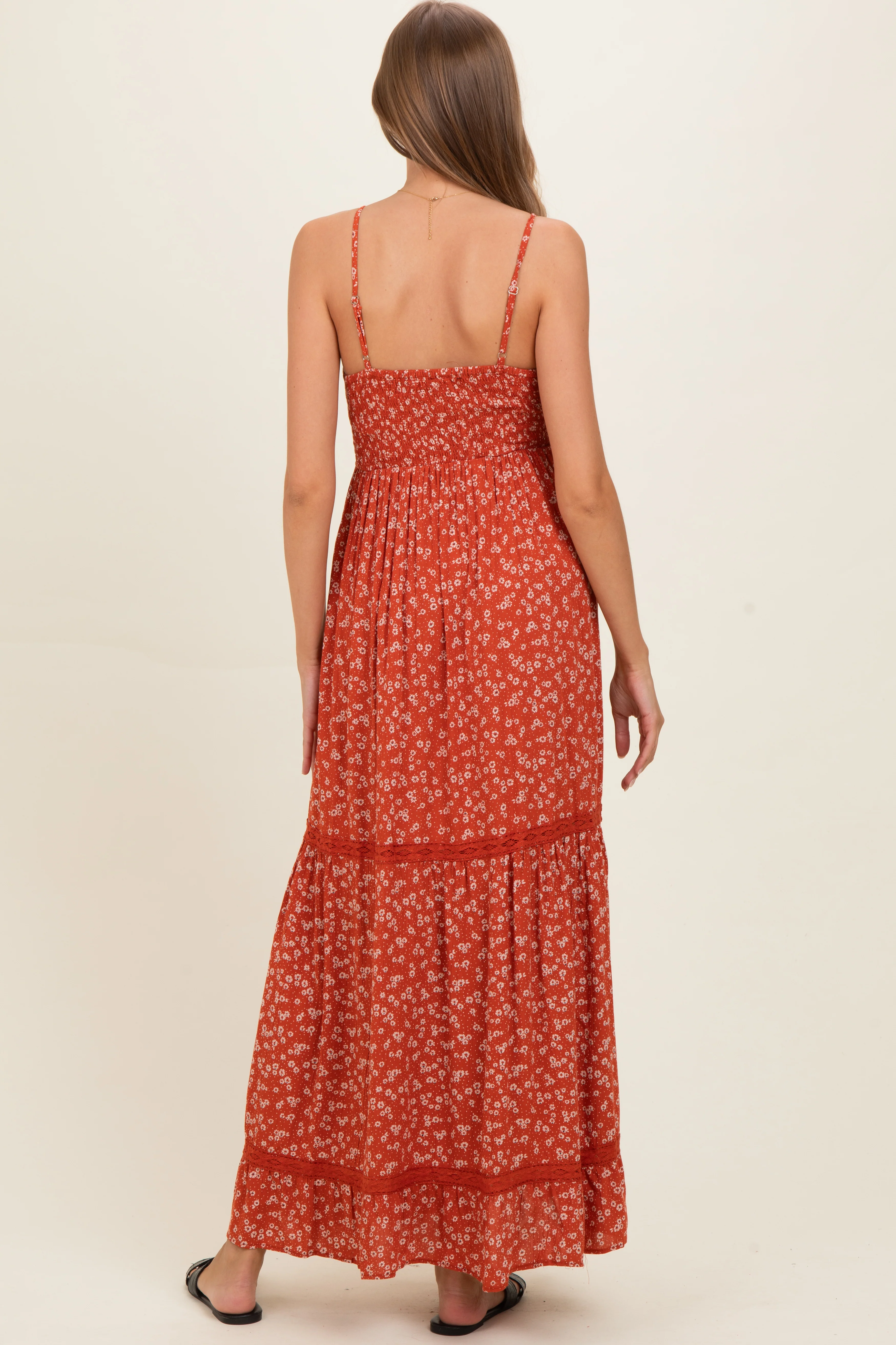 Rust Smocked Bust V Neck Lace Trim Maternity Maxi Dress - Image 3