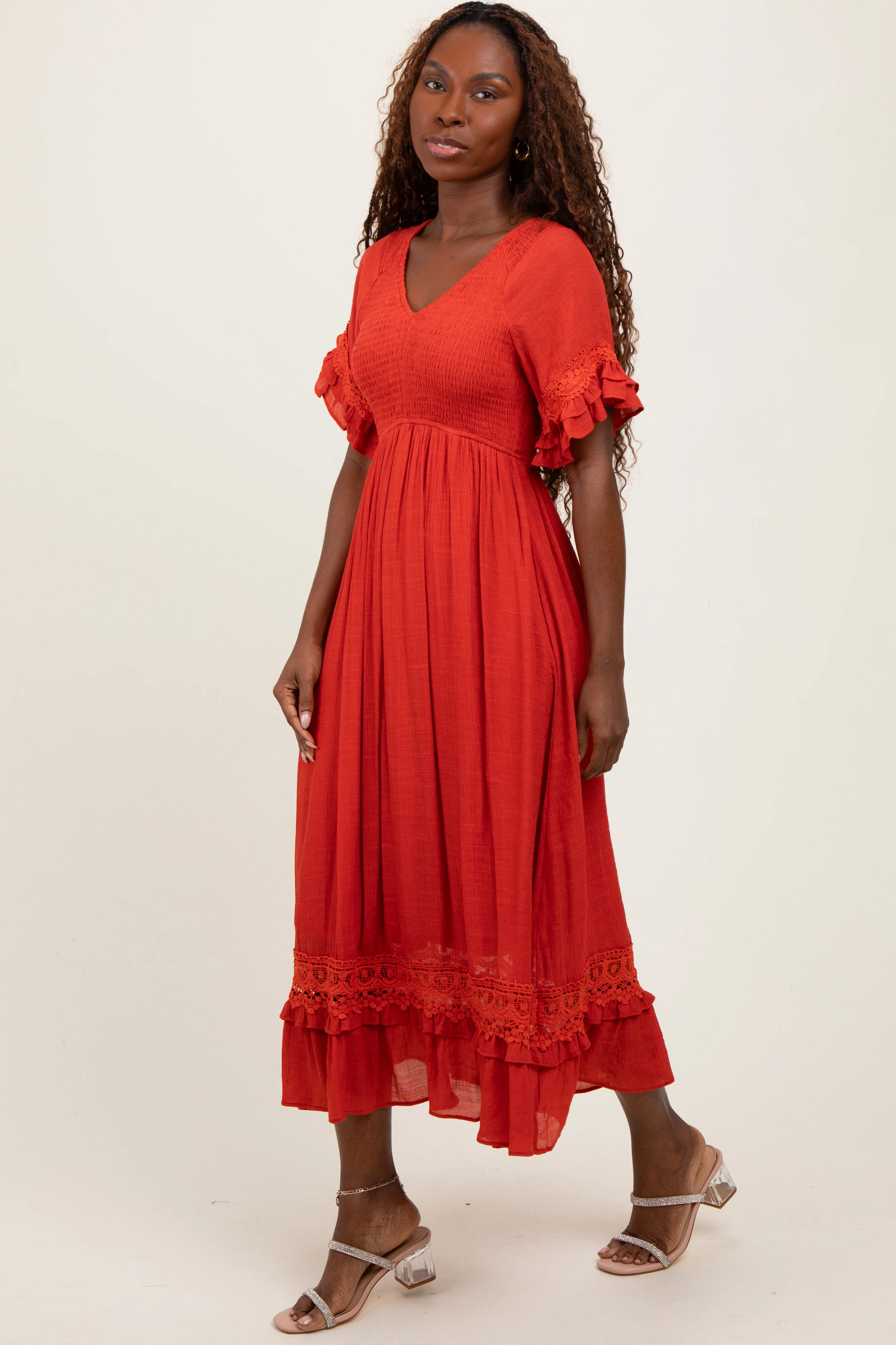 Rust Smocked Crochet Ruffle Trim Midi Dress - Image 3