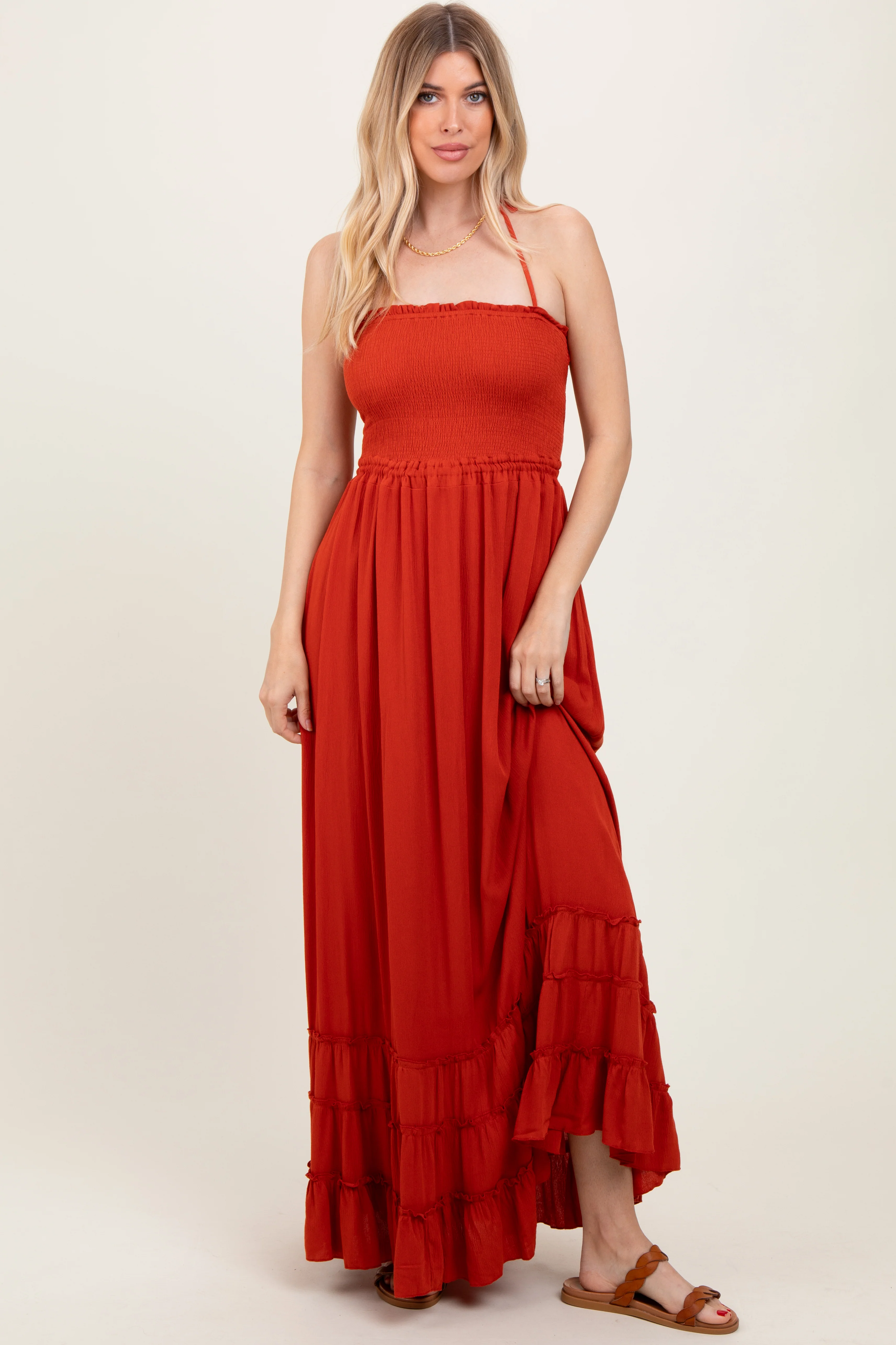 Rust Smocked Woven Maternity Maxi Dress - Image 5