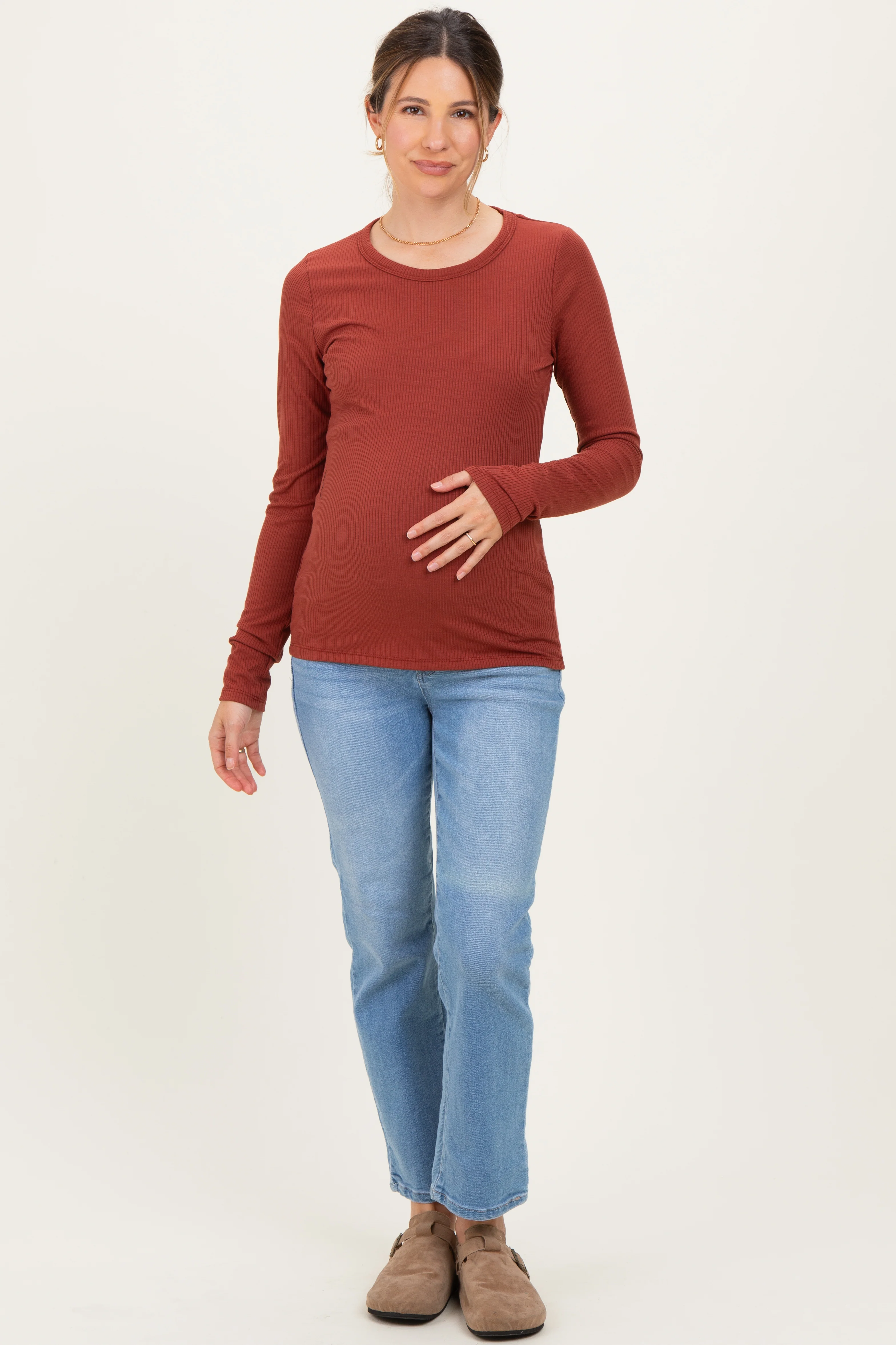Rust Solid Ribbed Long Sleeve Round Neck Maternity Tunic Top - Image 2