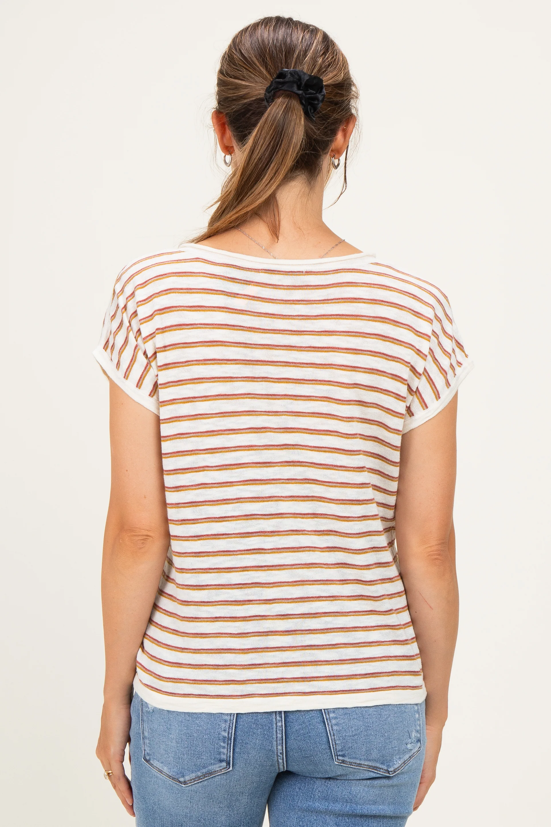 Rust Split Neck Striped Knit Maternity Top - Image 4