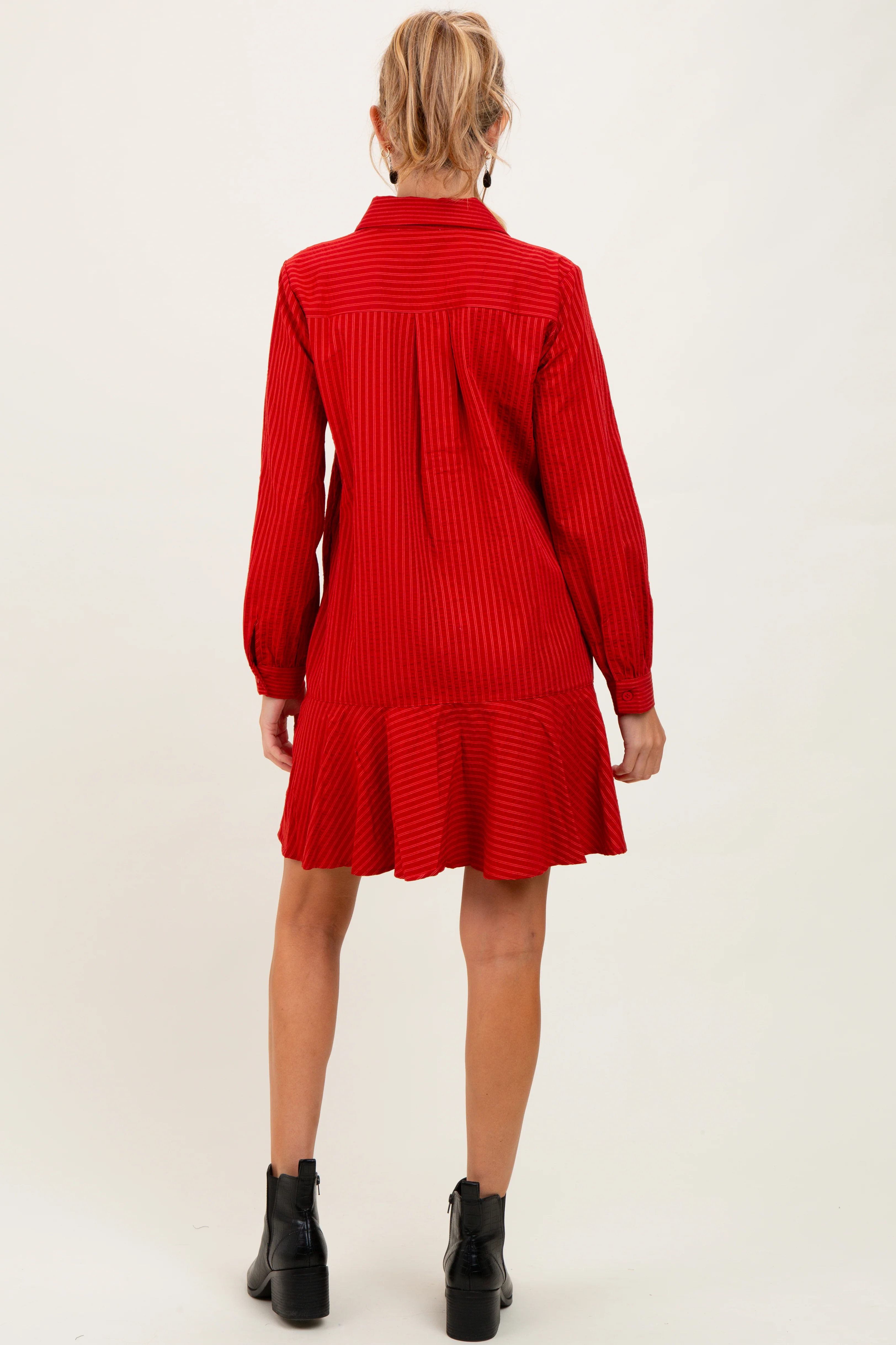 Rust Striped Long Sleeve Drop Waist Maternity Polo Dress - Image 3