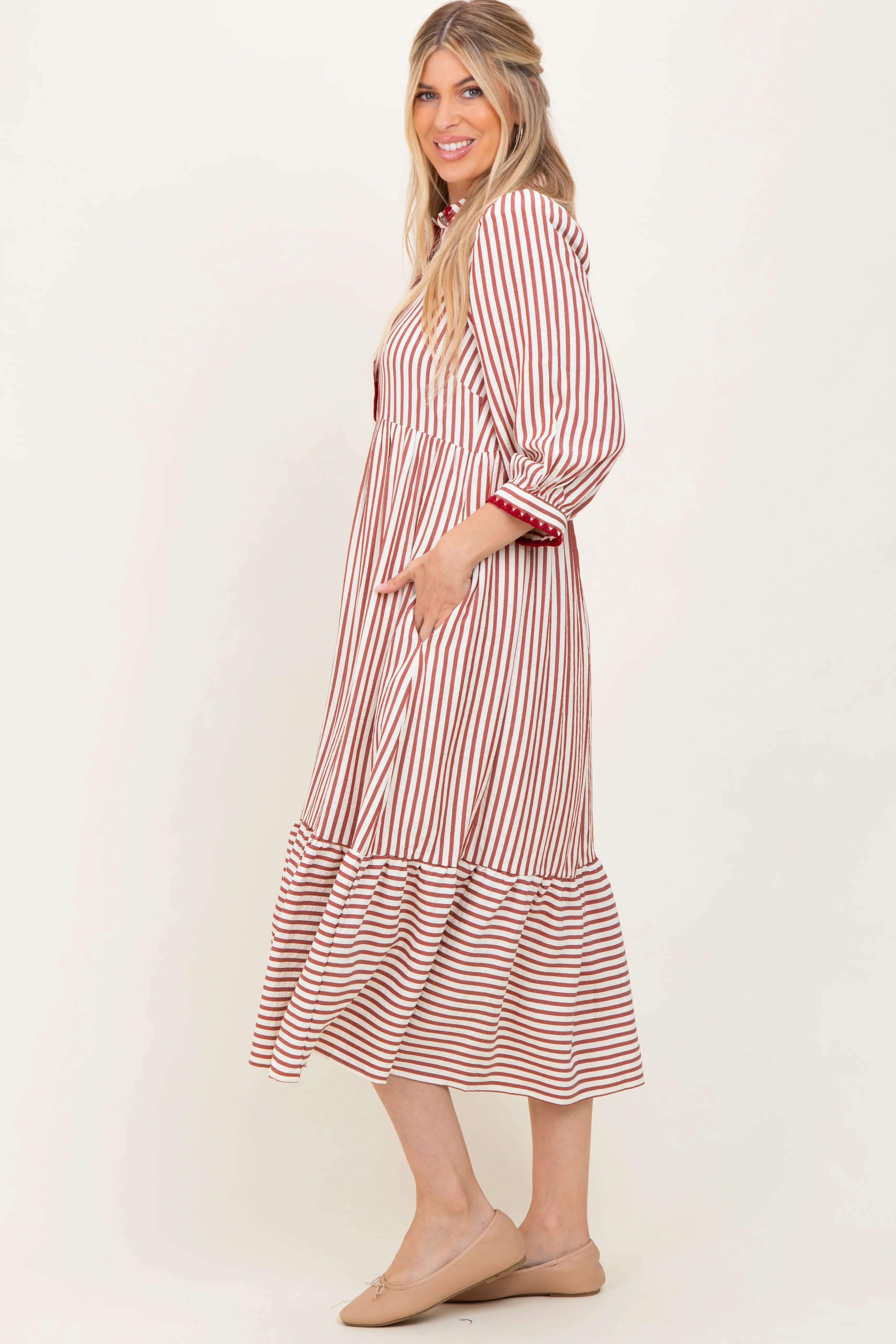 Rust Striped Scallop Trim 3/4 Sleeve Midi Dress - Image 3