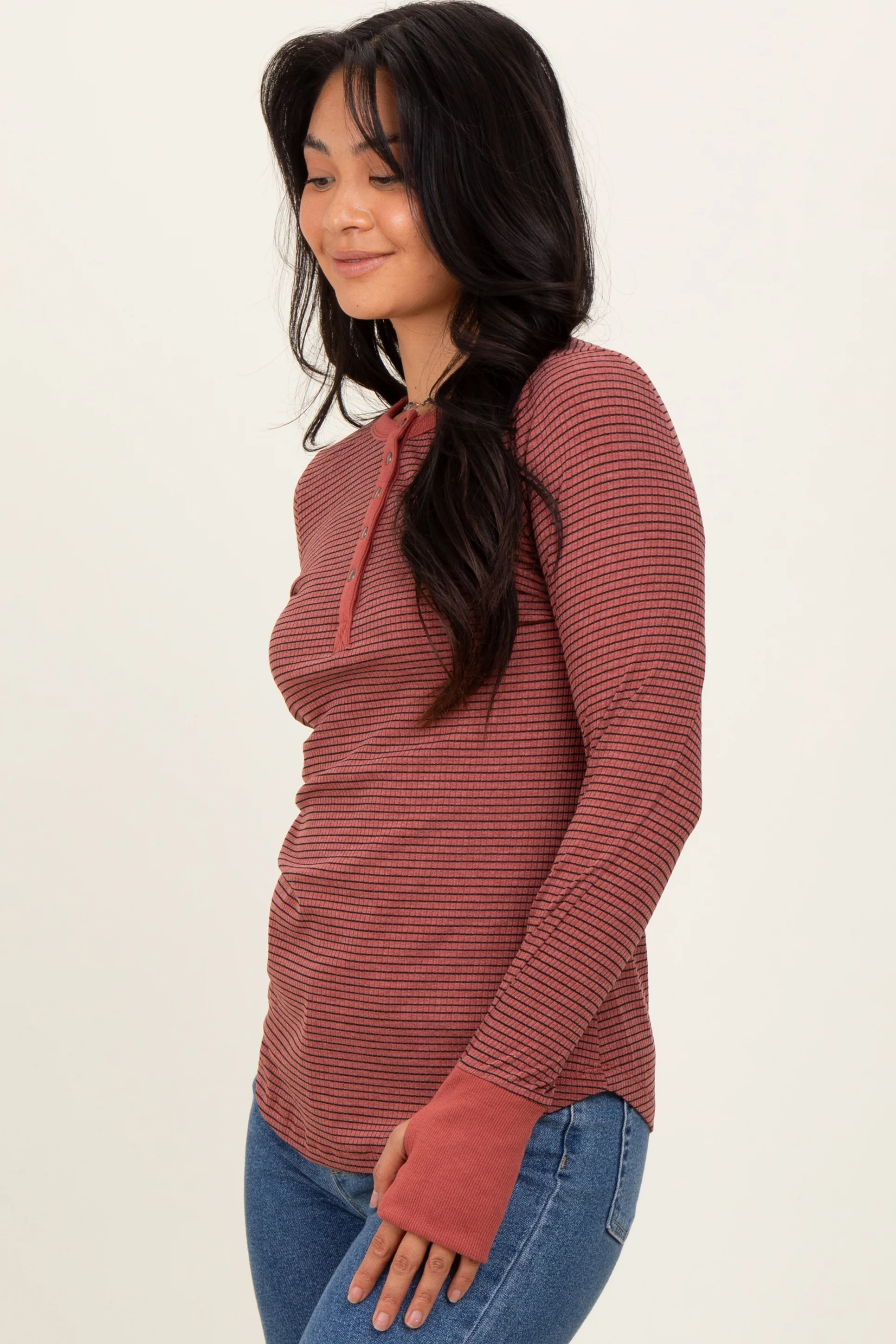 Rust Striped Snap Button Henley Top - Image 3