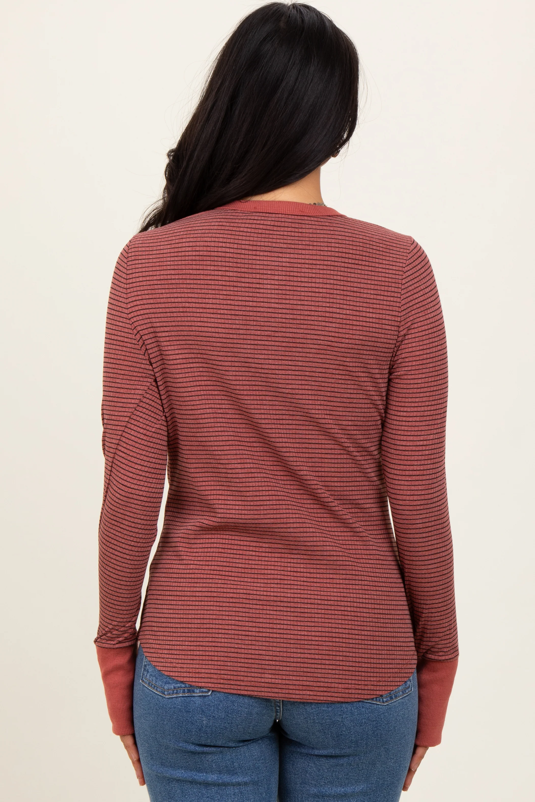 Rust Striped Snap Button Henley Top - Image 4