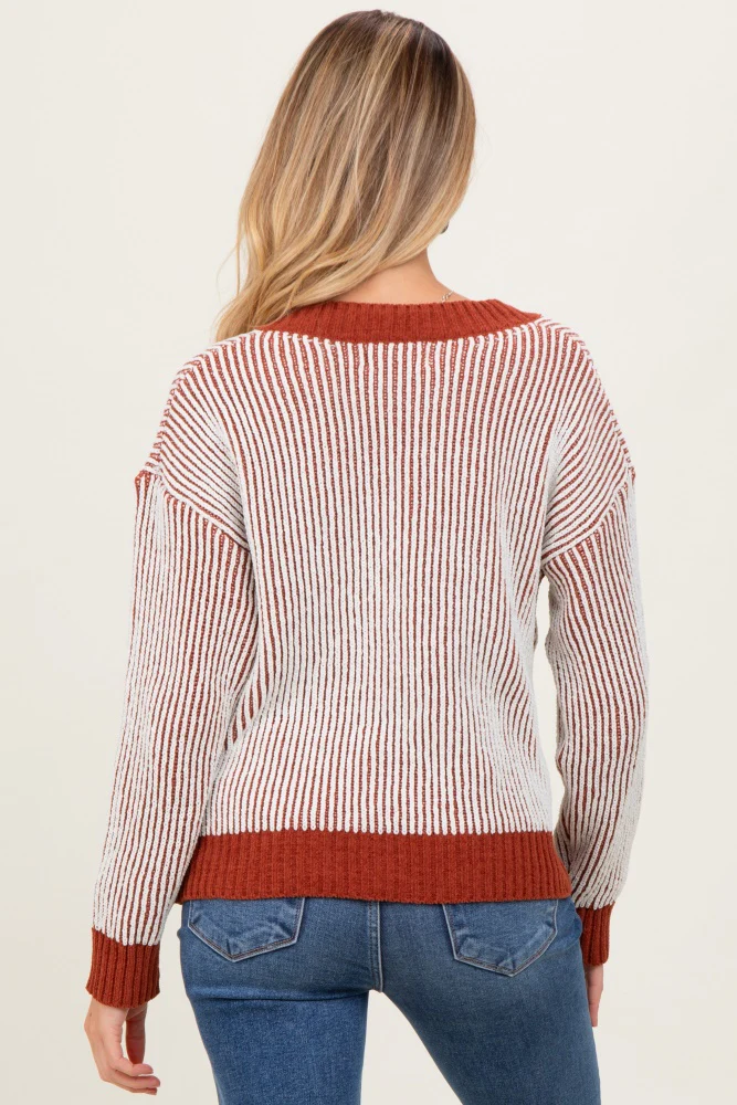 Rust Two Tone Ribbed V-Neck Chenille Maternity Sweater - Image 5