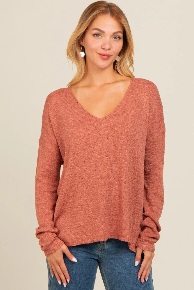Rust V-Neck Basic Maternity Sweater - Image 4