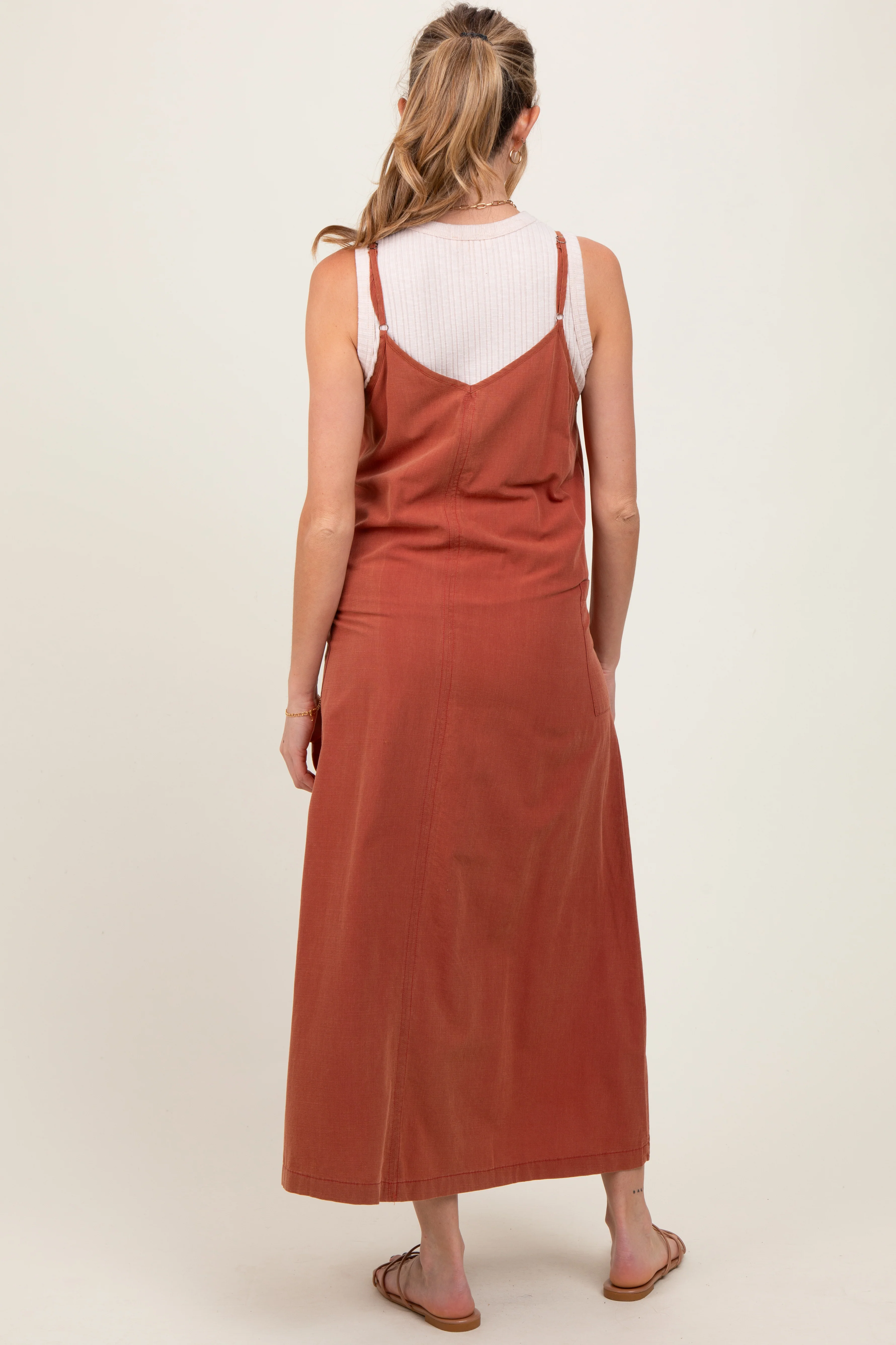 Rust V-Neck Overall Maternity Midi Dress - Image 3