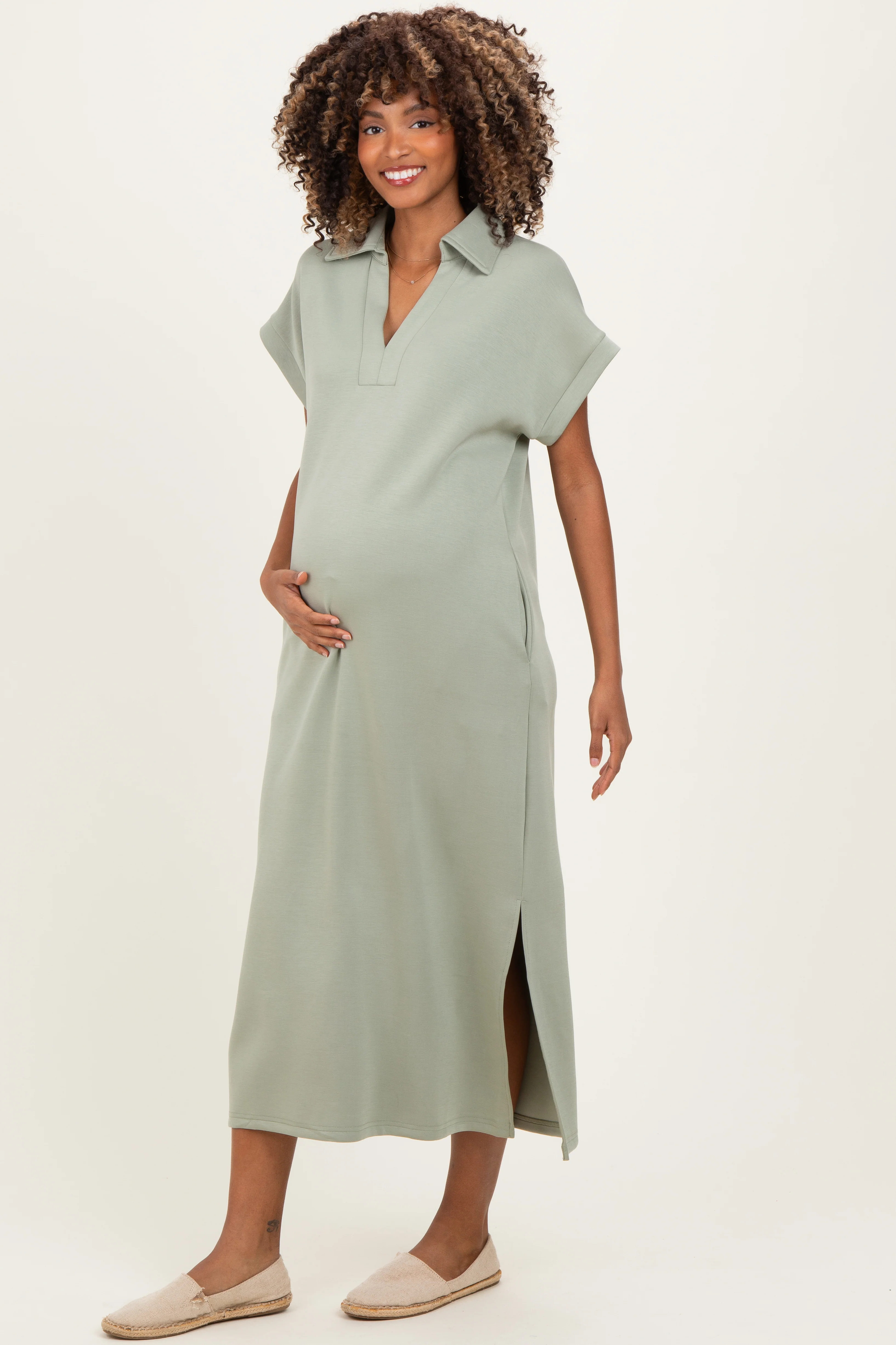Sage Collared Short Sleeve Maternity Midi Dress - Image 3