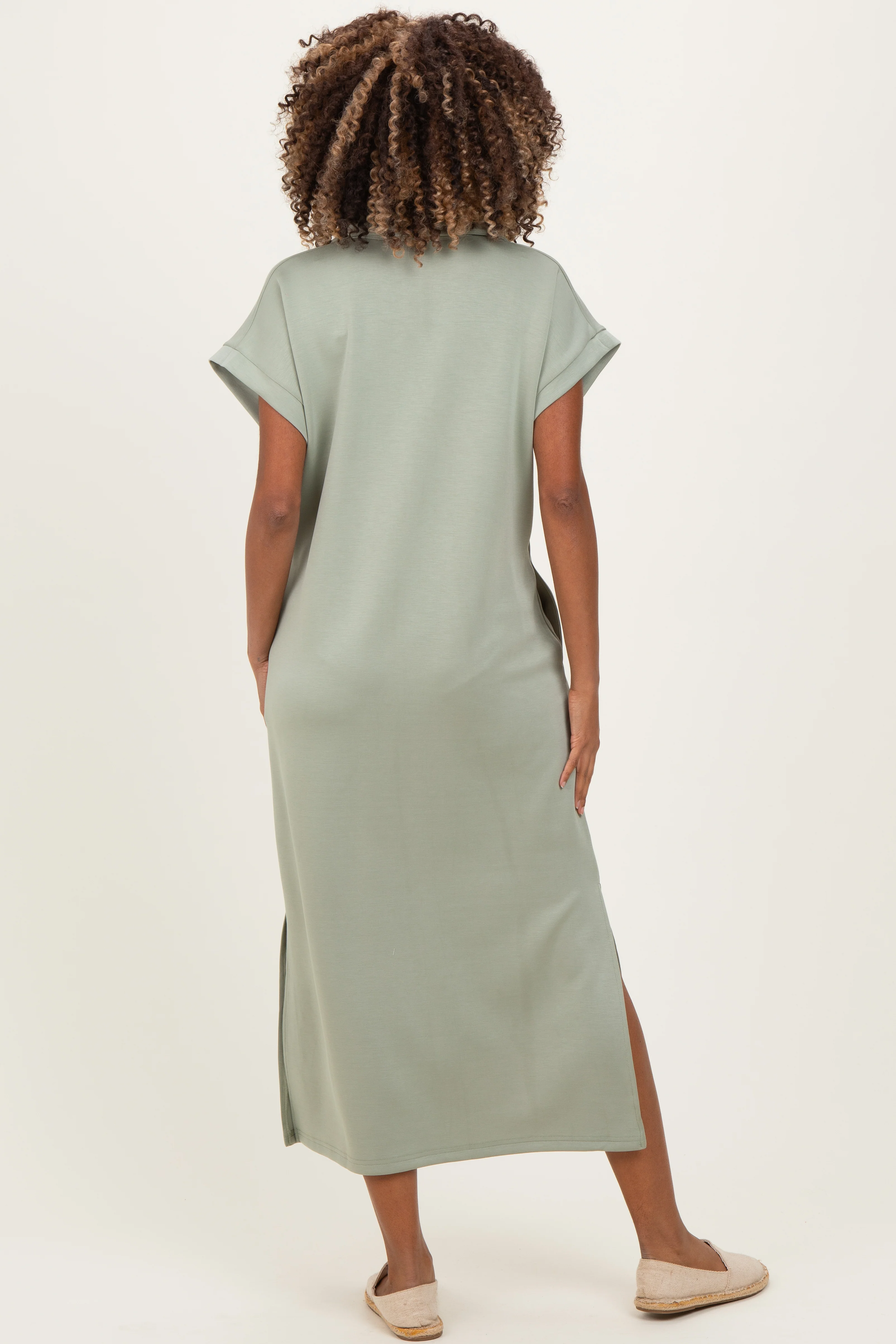 Sage Collared Short Sleeve Maternity Midi Dress - Image 4