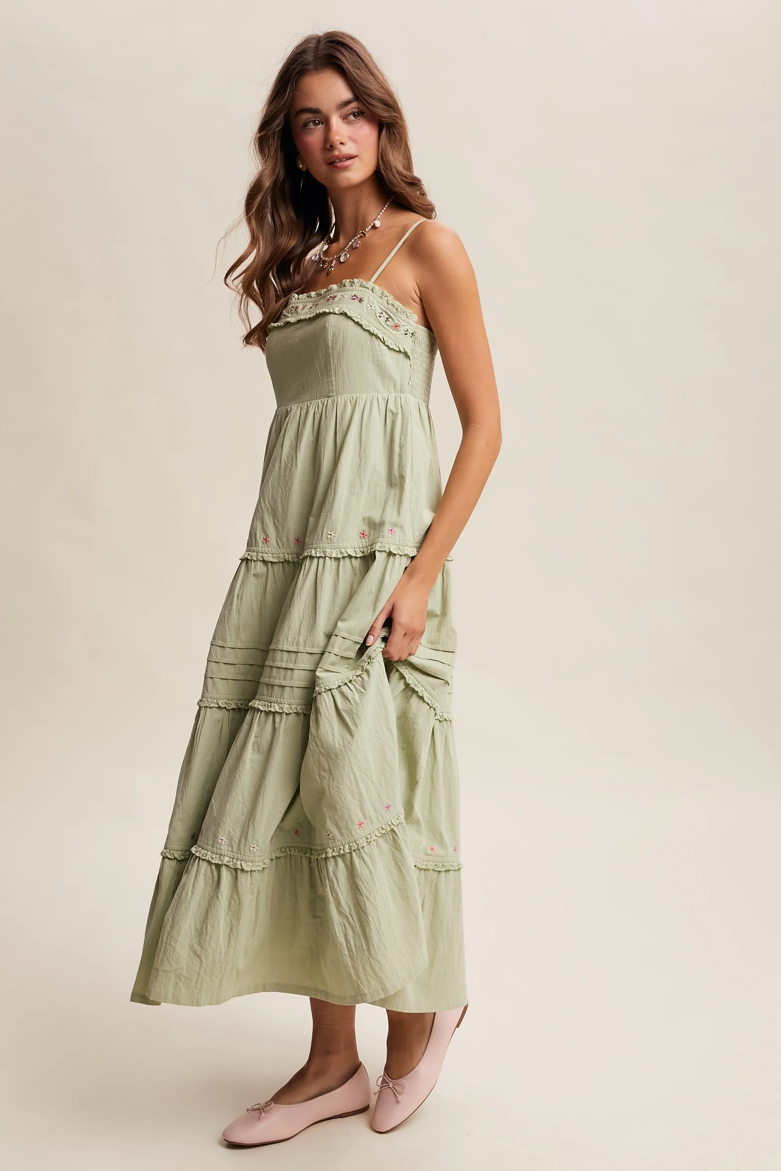 Sage Embroidered Ruffle Tiered Maxi Dress - Image 4