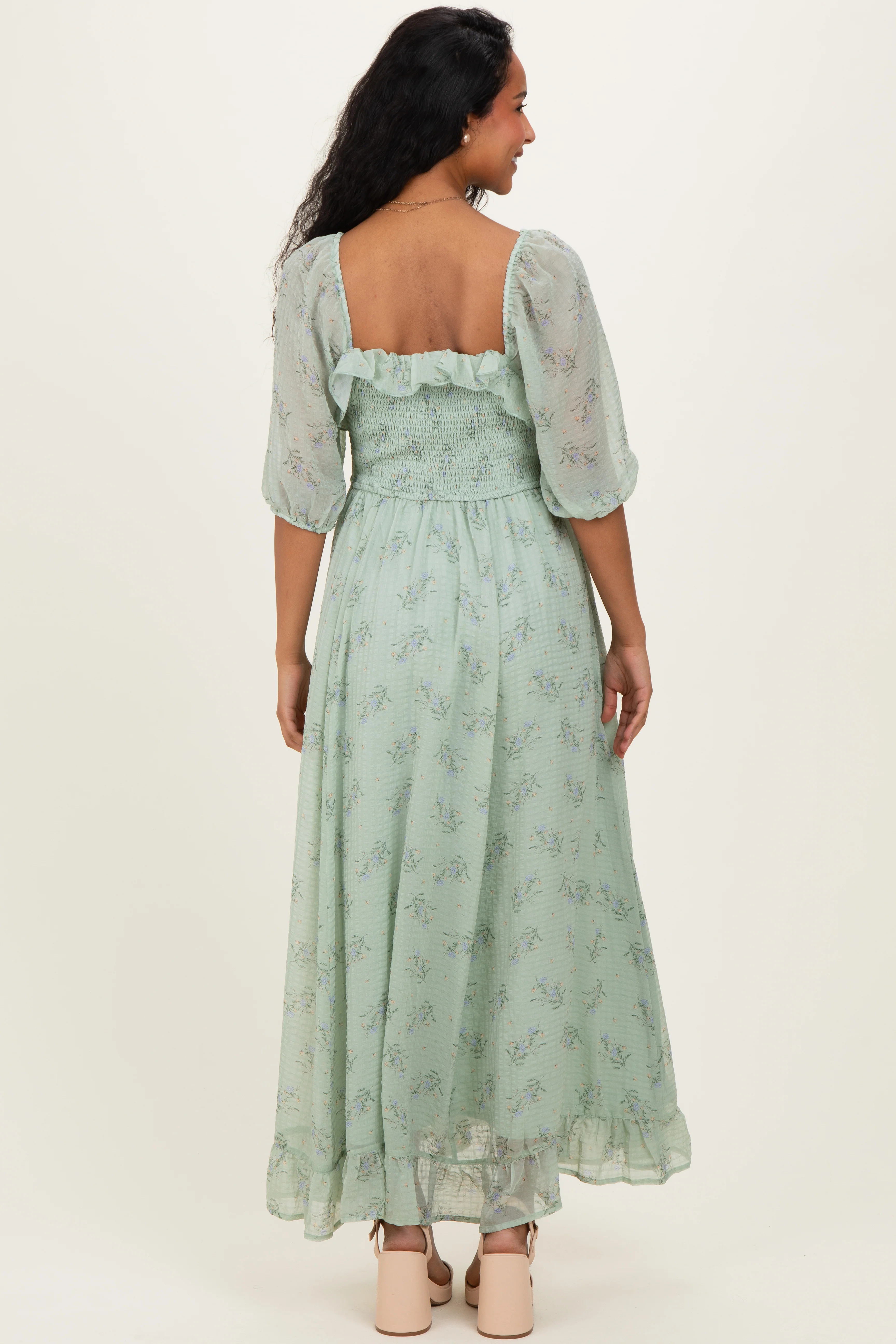 Sage Floral Chiffon Smocked Ruffle Maternity Maxi Dress - Image 4