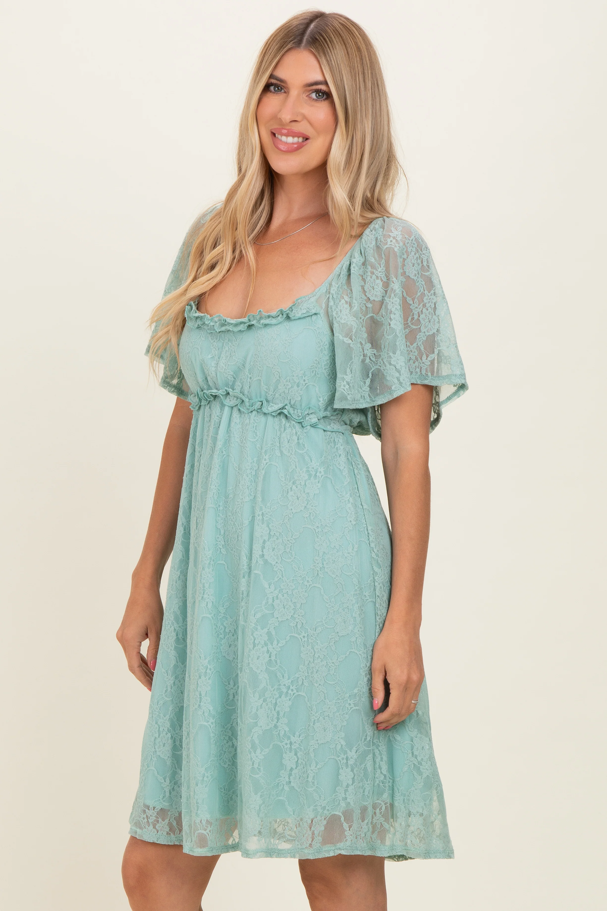 Sage Floral Lace Square Neck Ruffle Trim Maxi Dress - Image 3