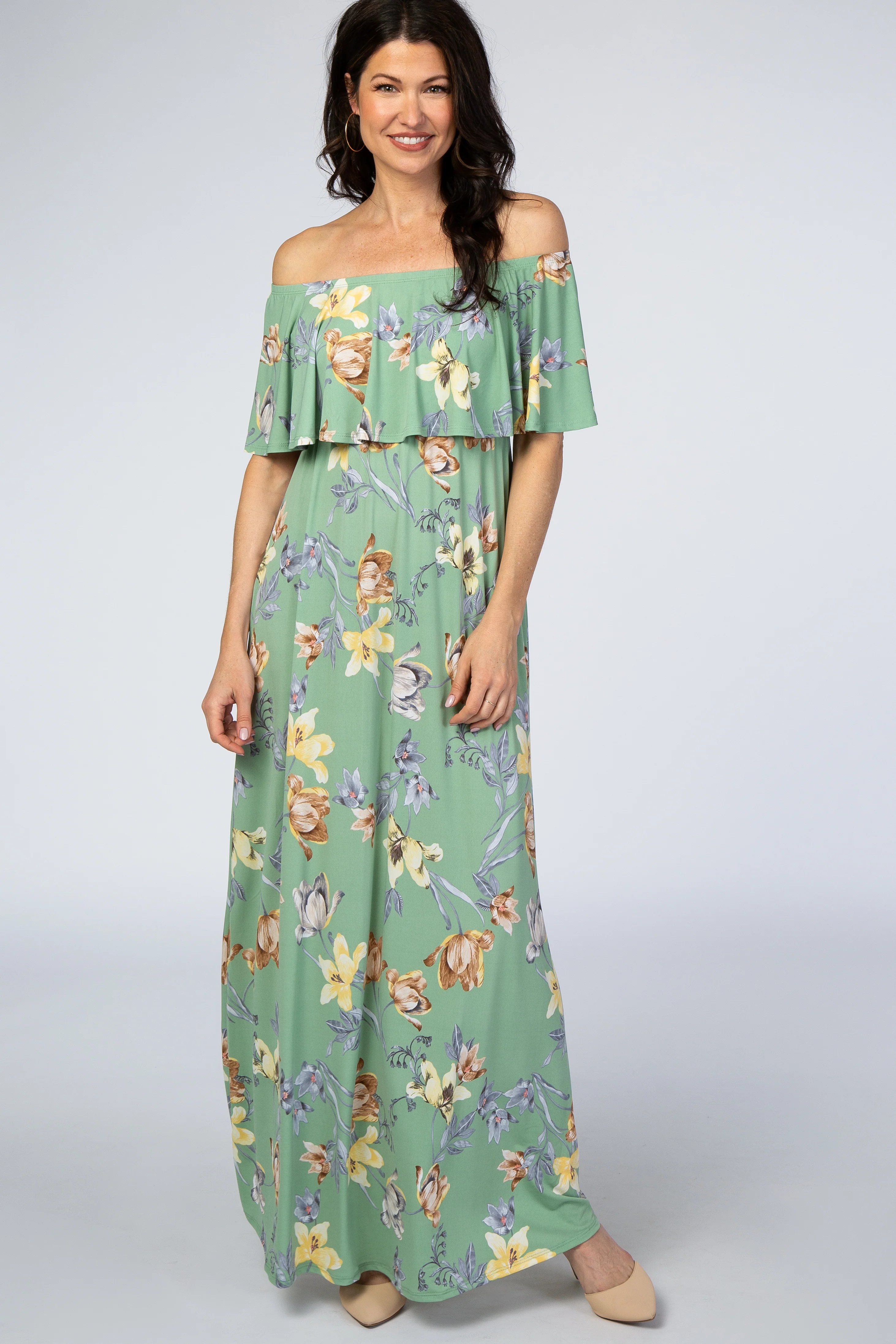 Sage Floral Off Shoulder Maternity Maxi Dress - Image 4