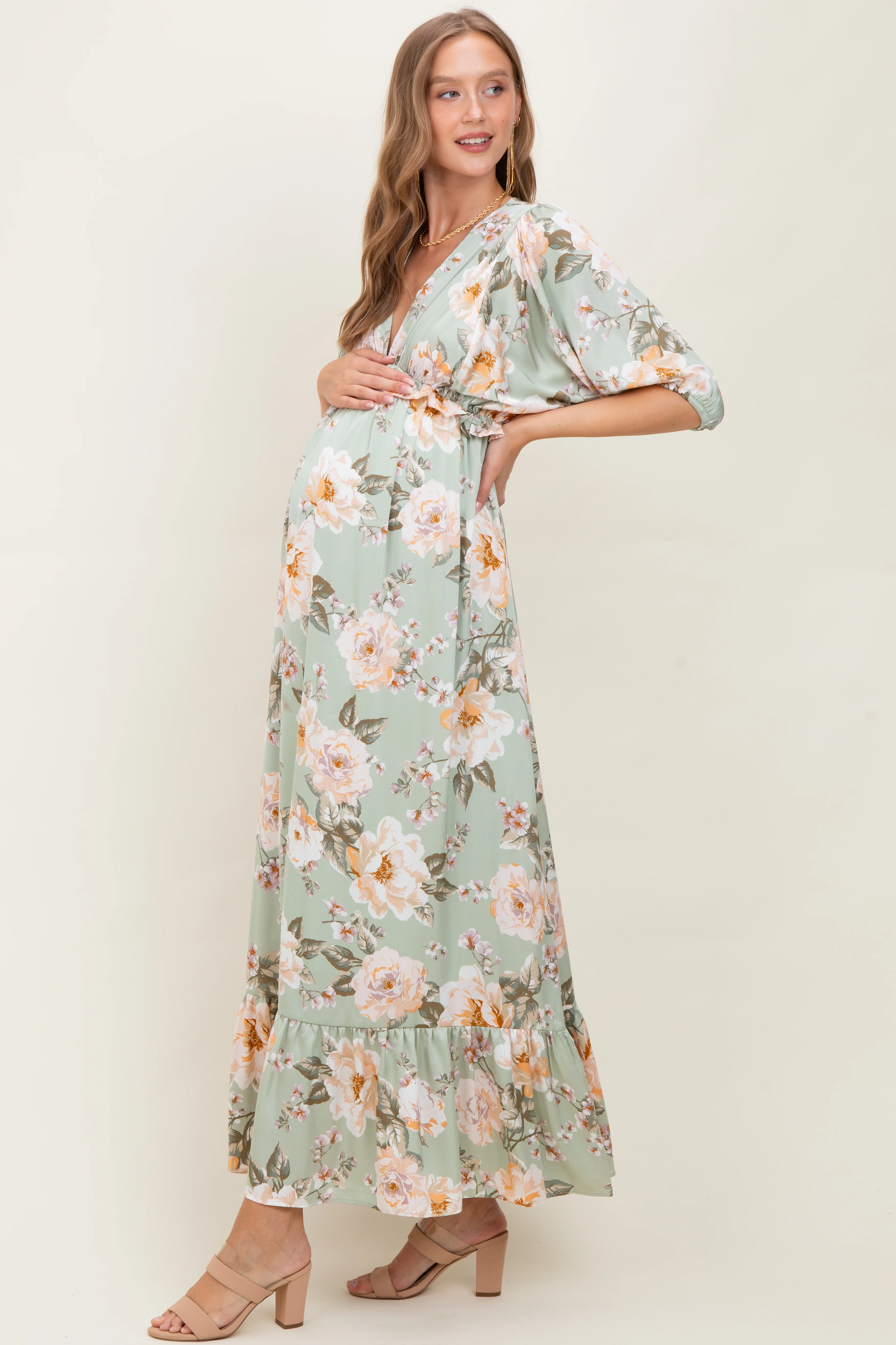 Sage Floral Print Elbow Sleeve V-Neck Tiered Maternity Maxi Dress - Image 3