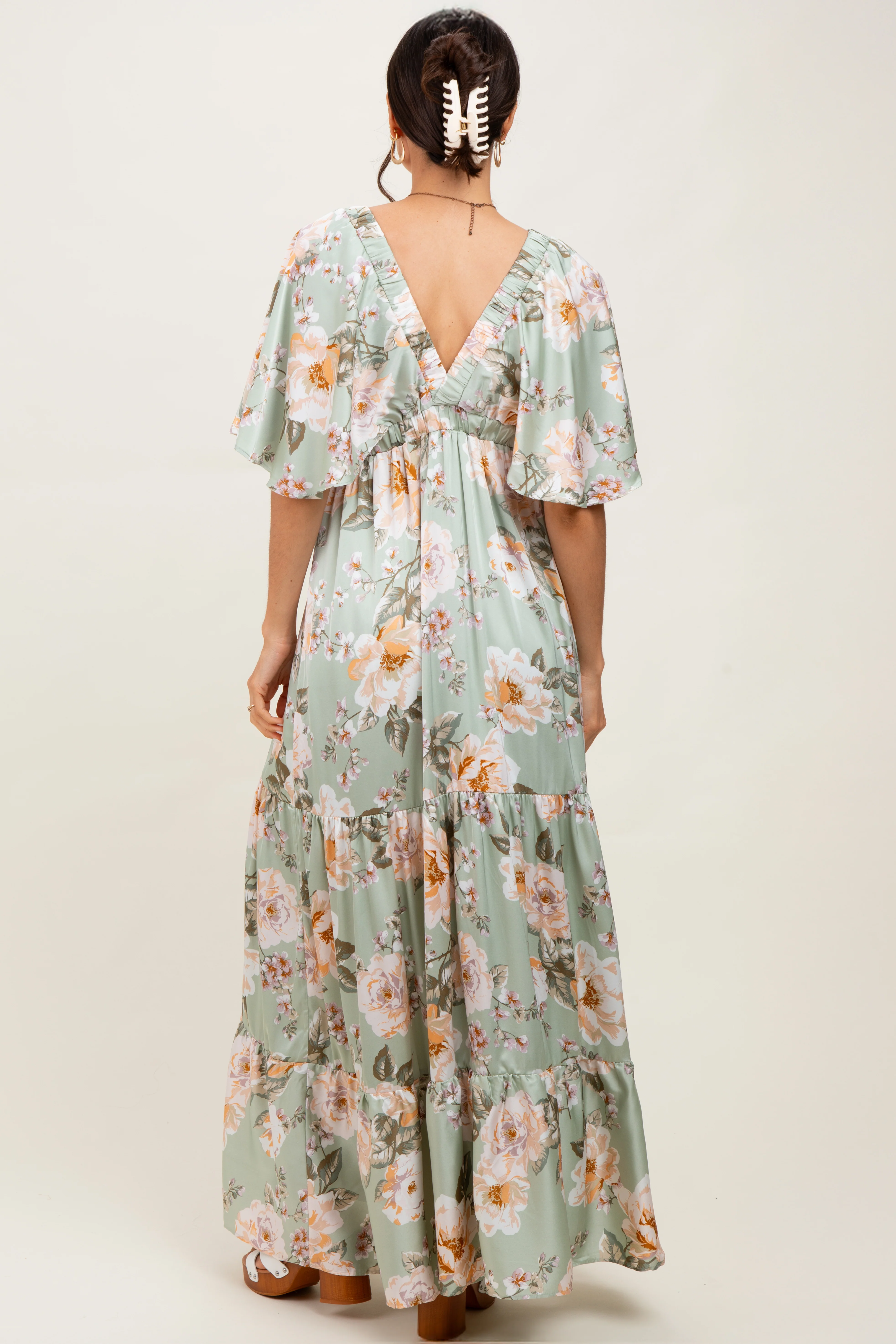 Sage Floral Print Elbow Sleeve V-Neck Tiered Maxi Dress - Image 2