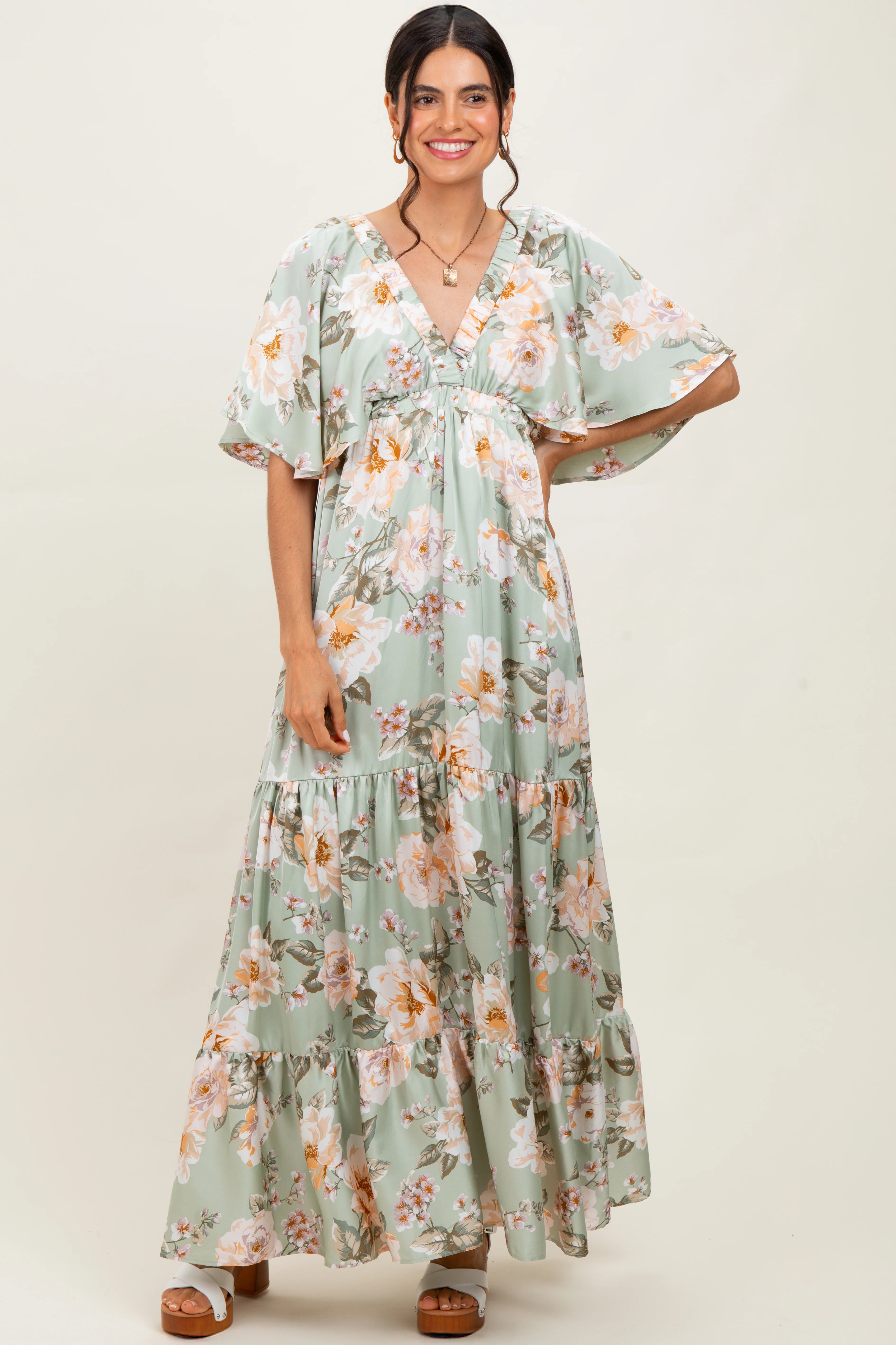 Sage Floral Print Elbow Sleeve V-Neck Tiered Maxi Dress - Image 3