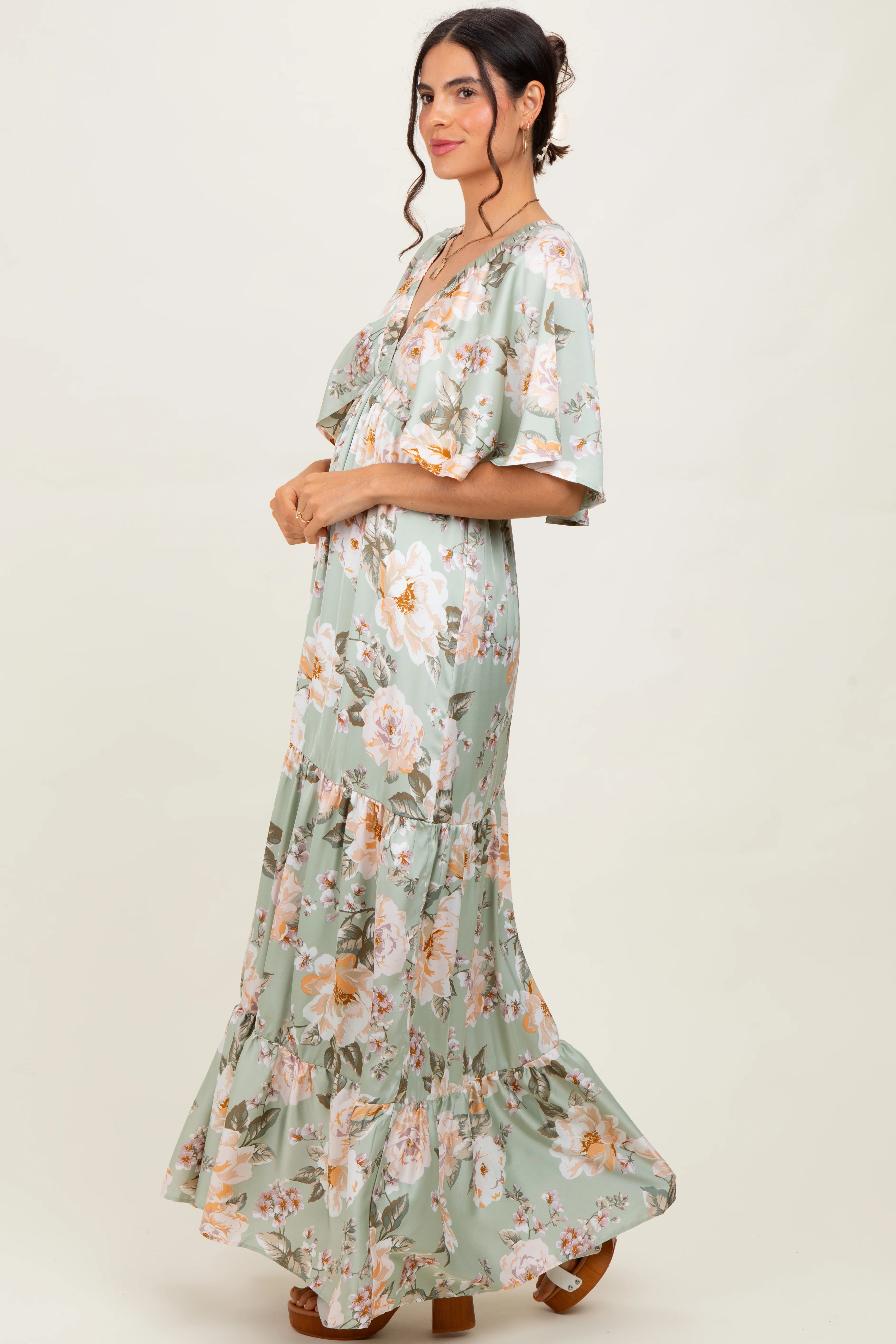 Sage Floral Print Elbow Sleeve V-Neck Tiered Maxi Dress - Image 4