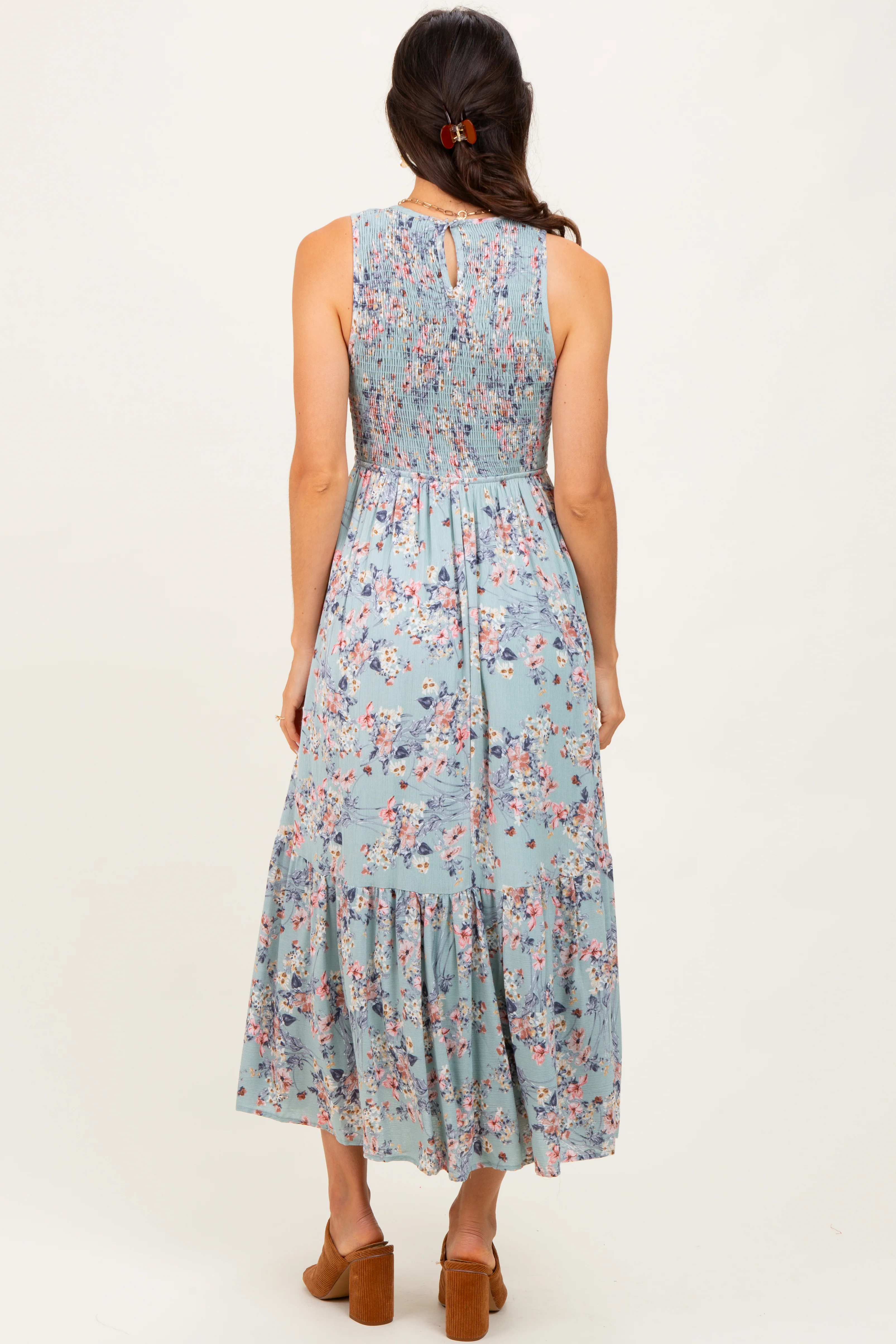 Sage Floral Print Smocked Top Sleeveless Tiered Maxi Dress - Image 3