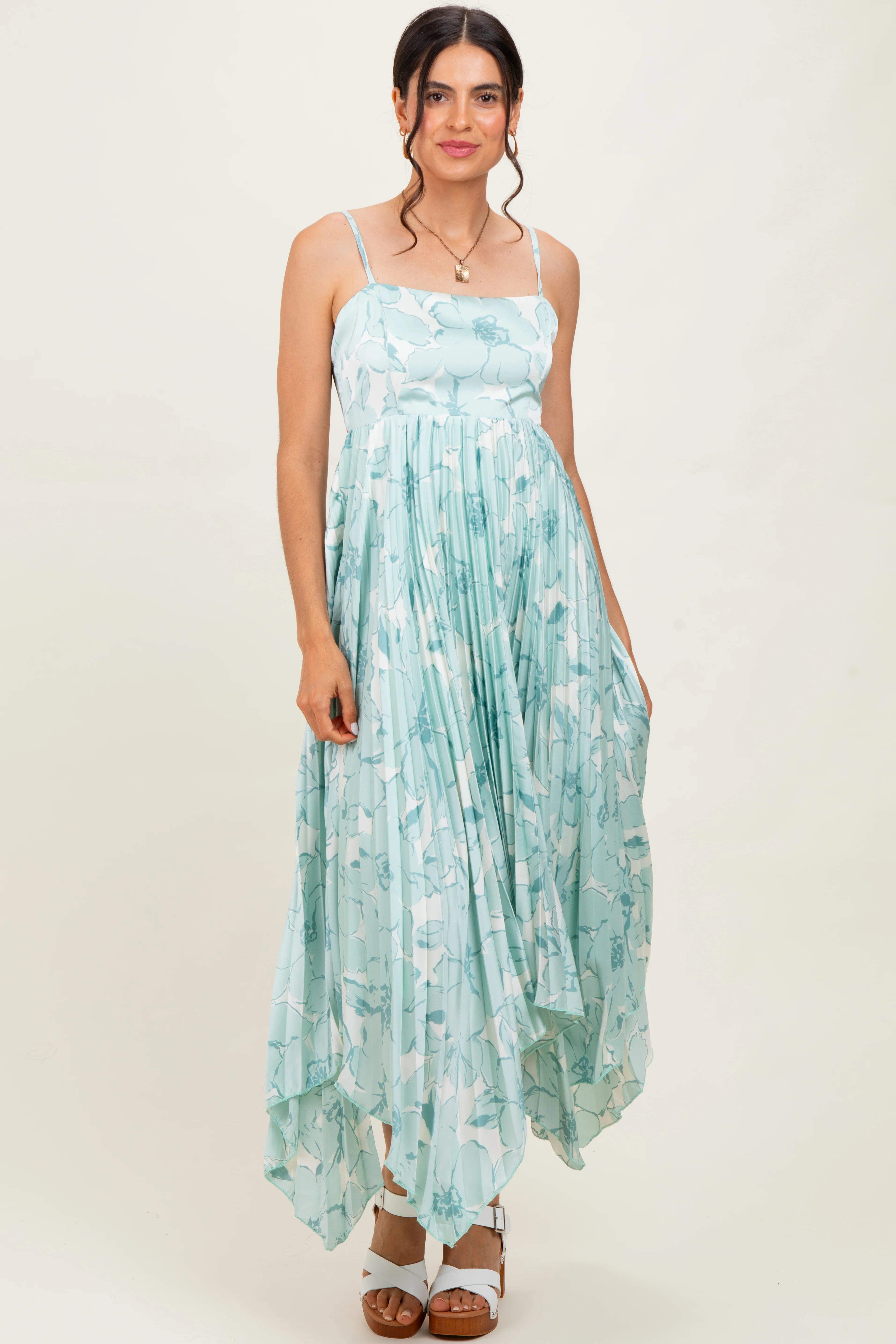 Sage Floral Woven Pleat Skirt Maternity Maxi Dress - Image 4