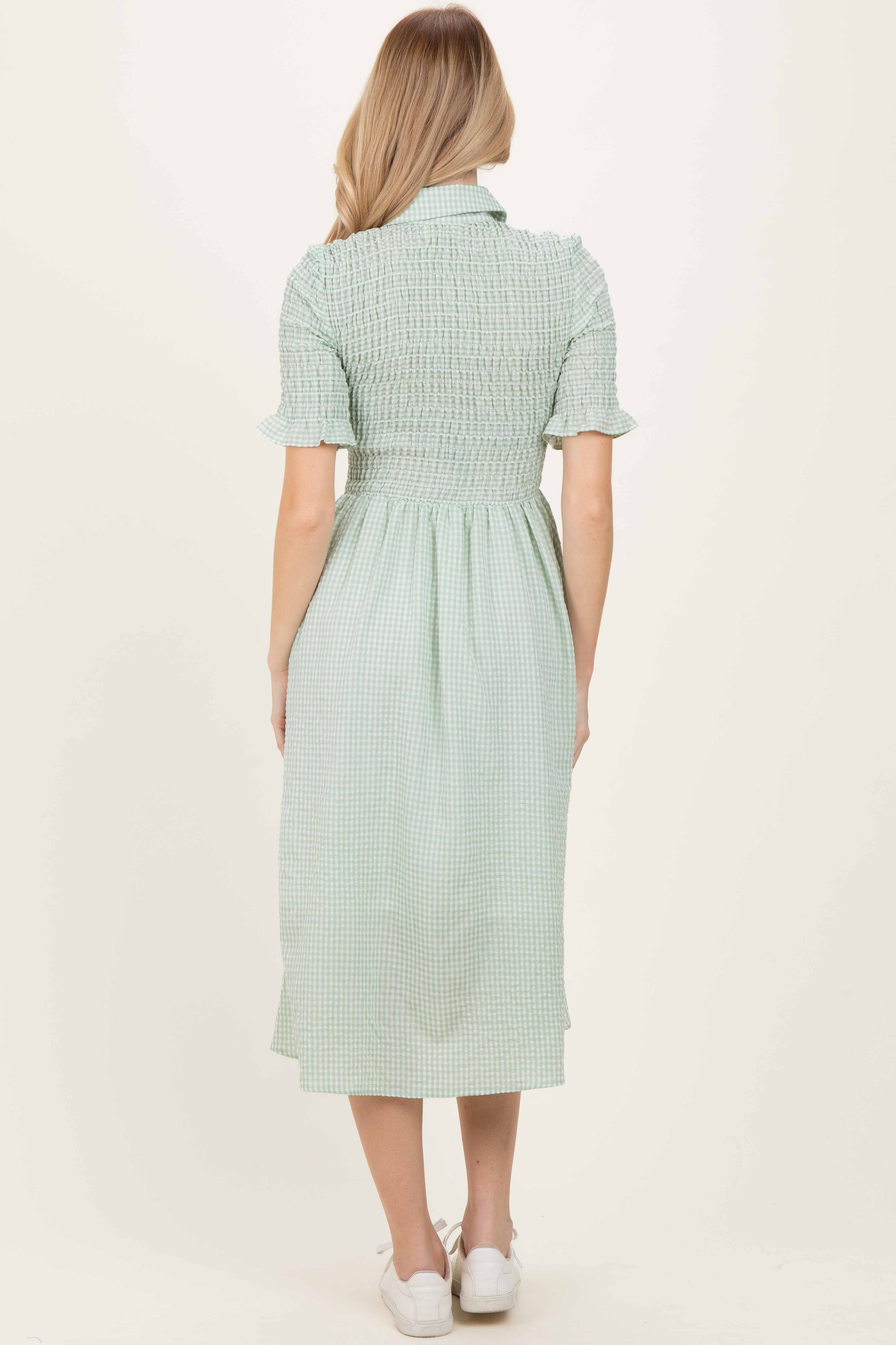 Sage Gingham Smocked Button Down Midi Dress - Image 4