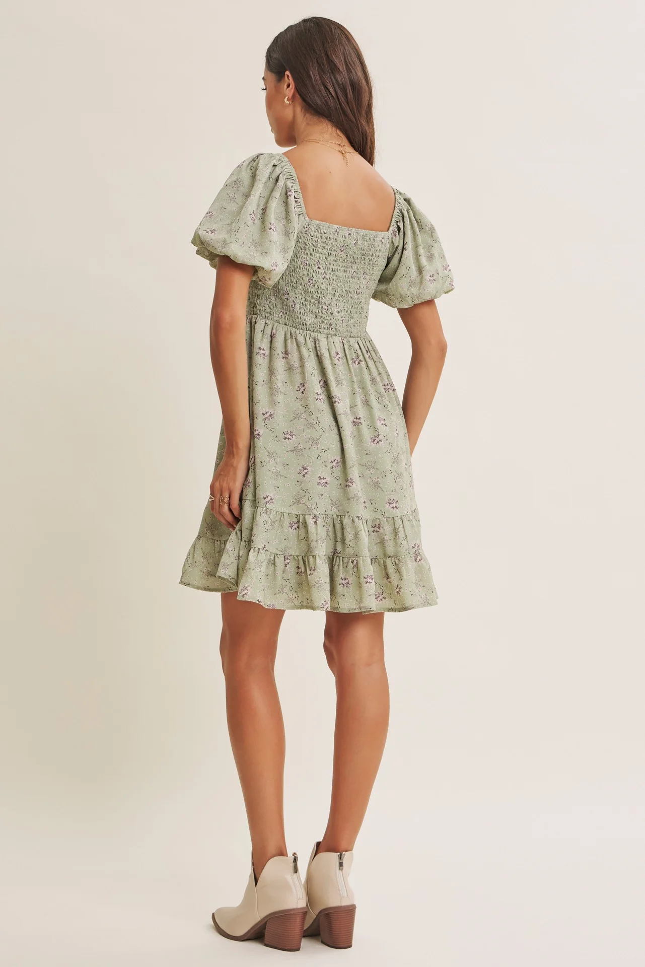 Sage Green Bow Smocked Bubble Sleeve Mini Dress - Image 5