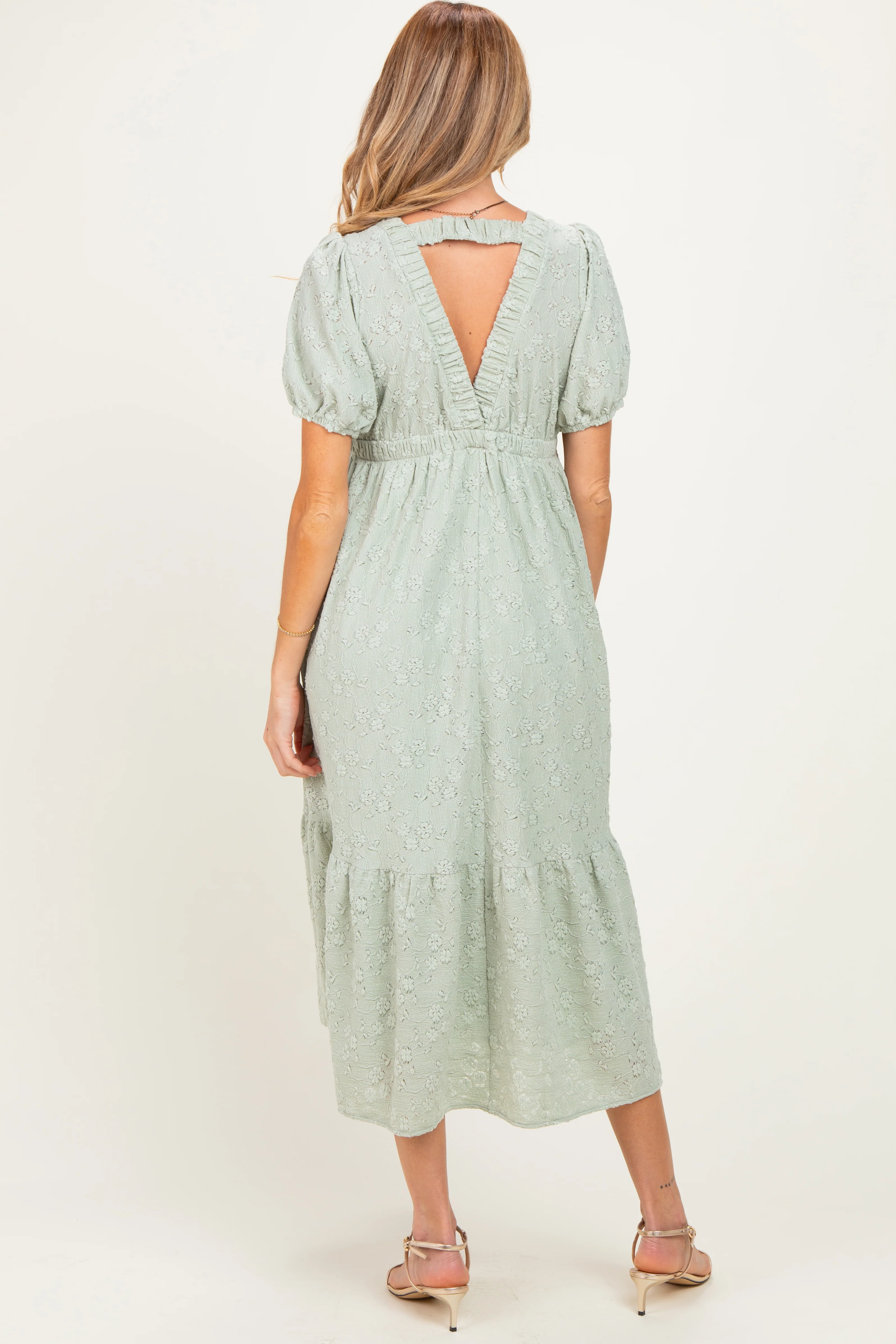 Sage Lace V-Neck Puff Sleeve Maternity Maxi Dress - Image 3