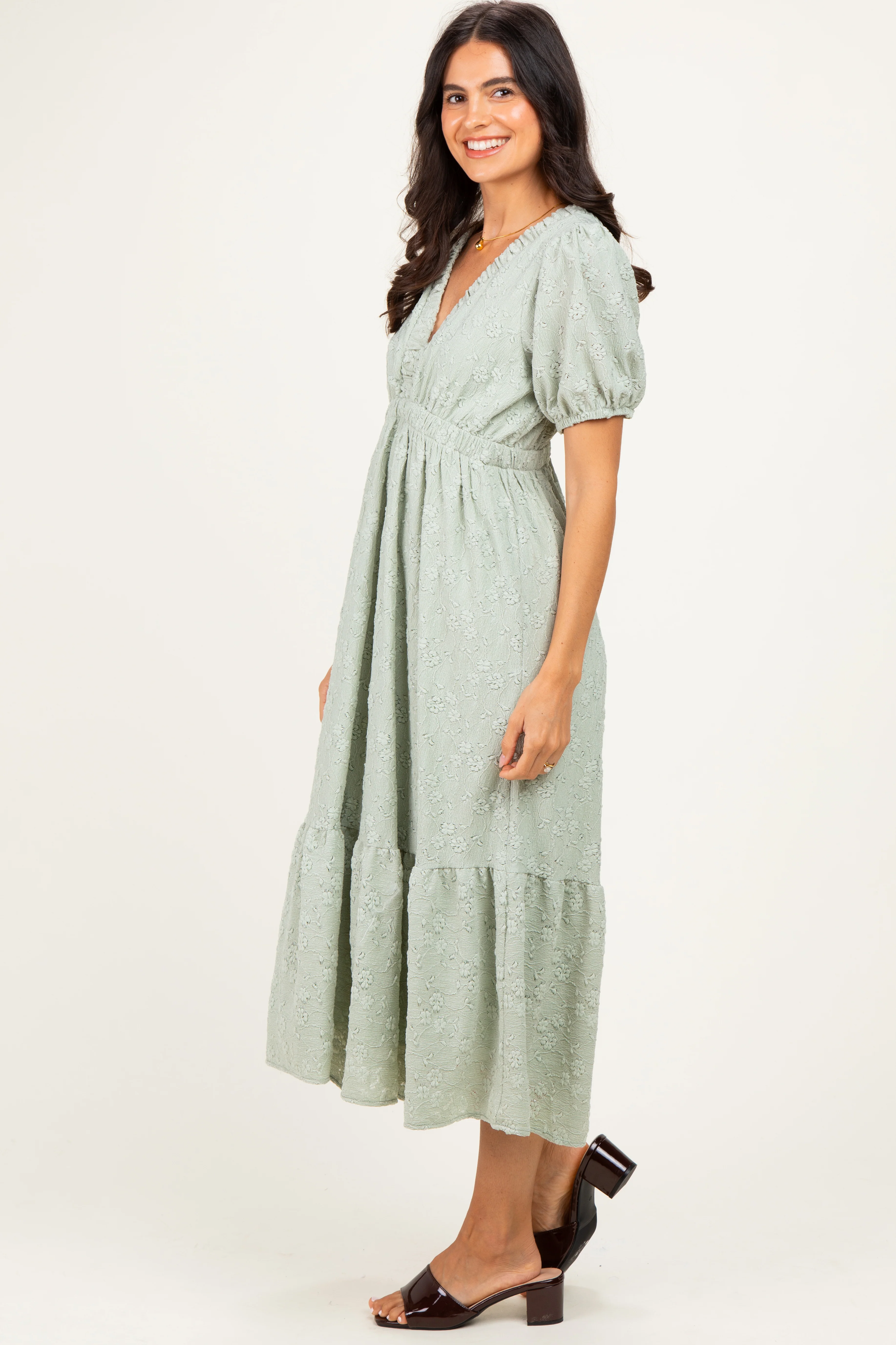 Sage Lace V-Neck Puff Sleeve Maxi Dress - Image 3