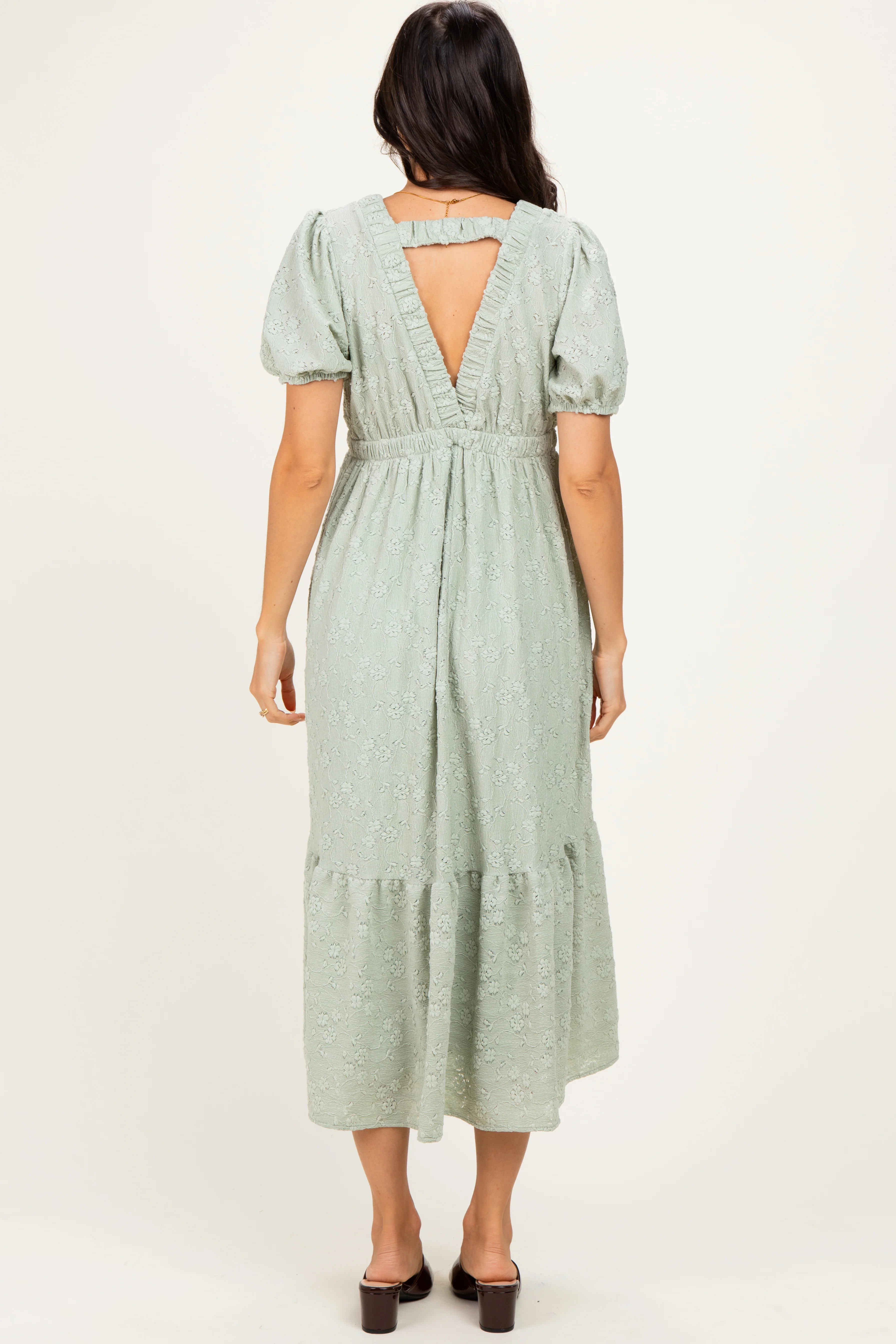 Sage Lace V-Neck Puff Sleeve Maxi Dress - Image 4