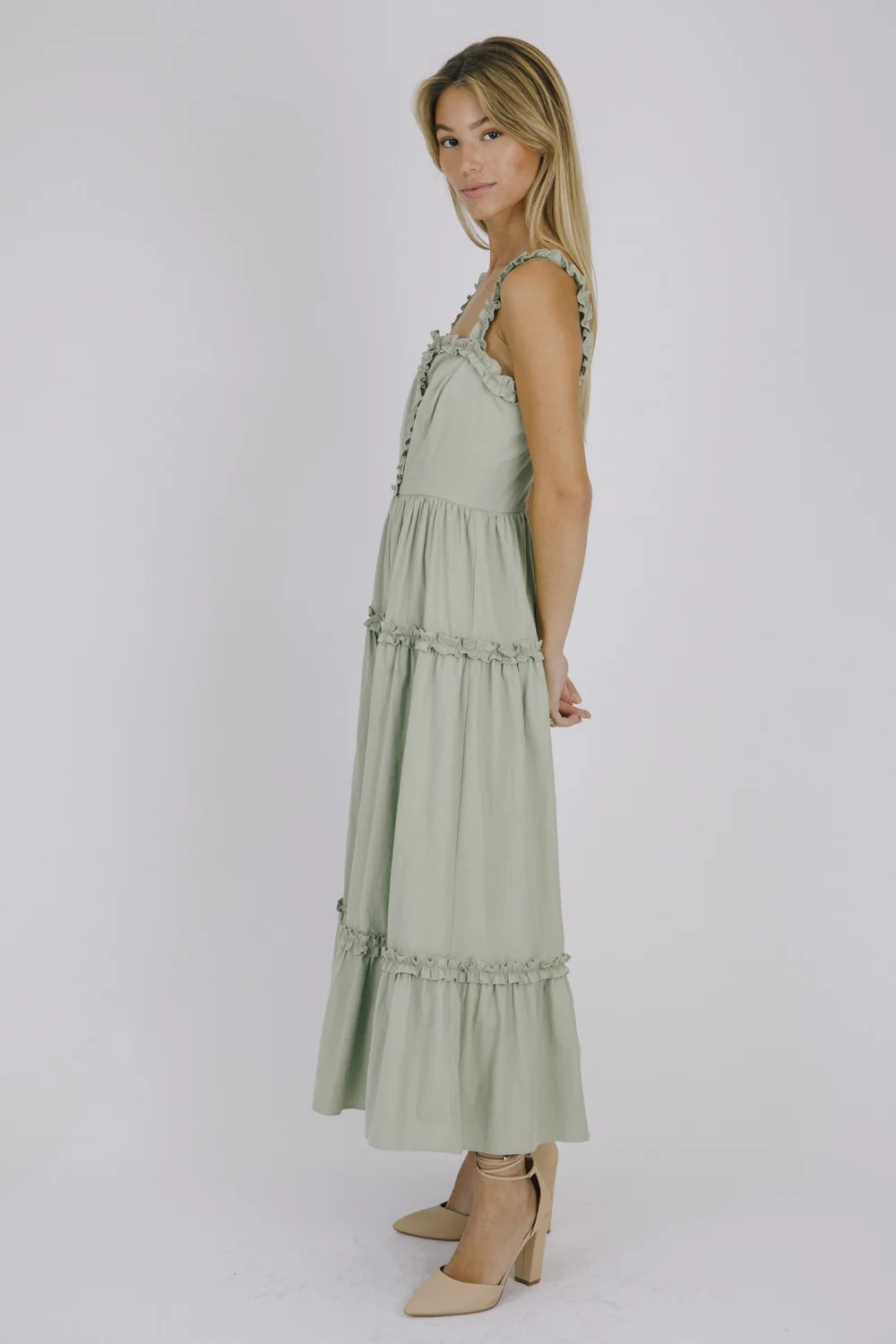Sage Monochromatic Ruffled Trim Midi Dress - Image 2